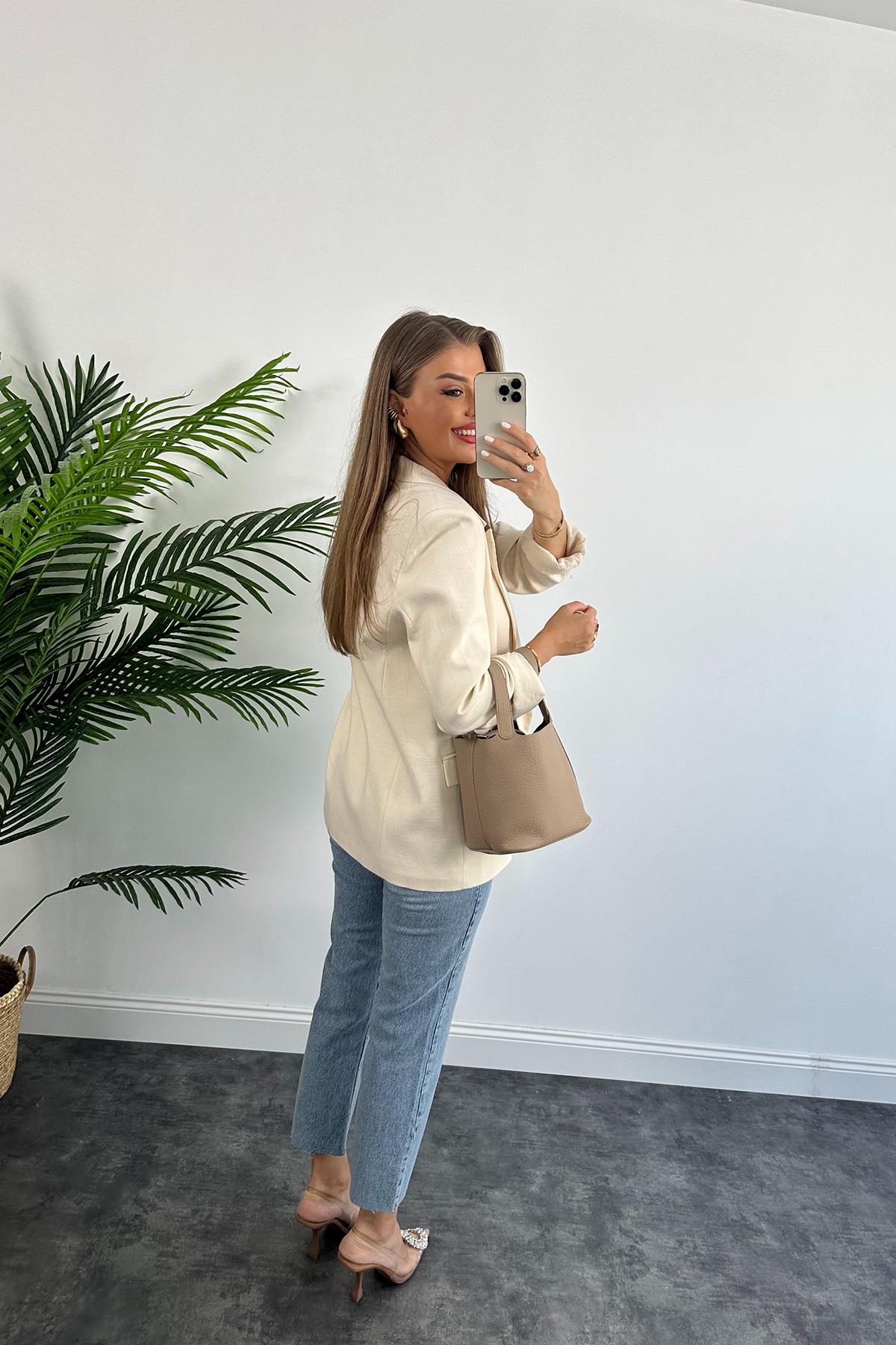 Premium Seri %100 Pamuk Keten Yazlık Blazer Taş