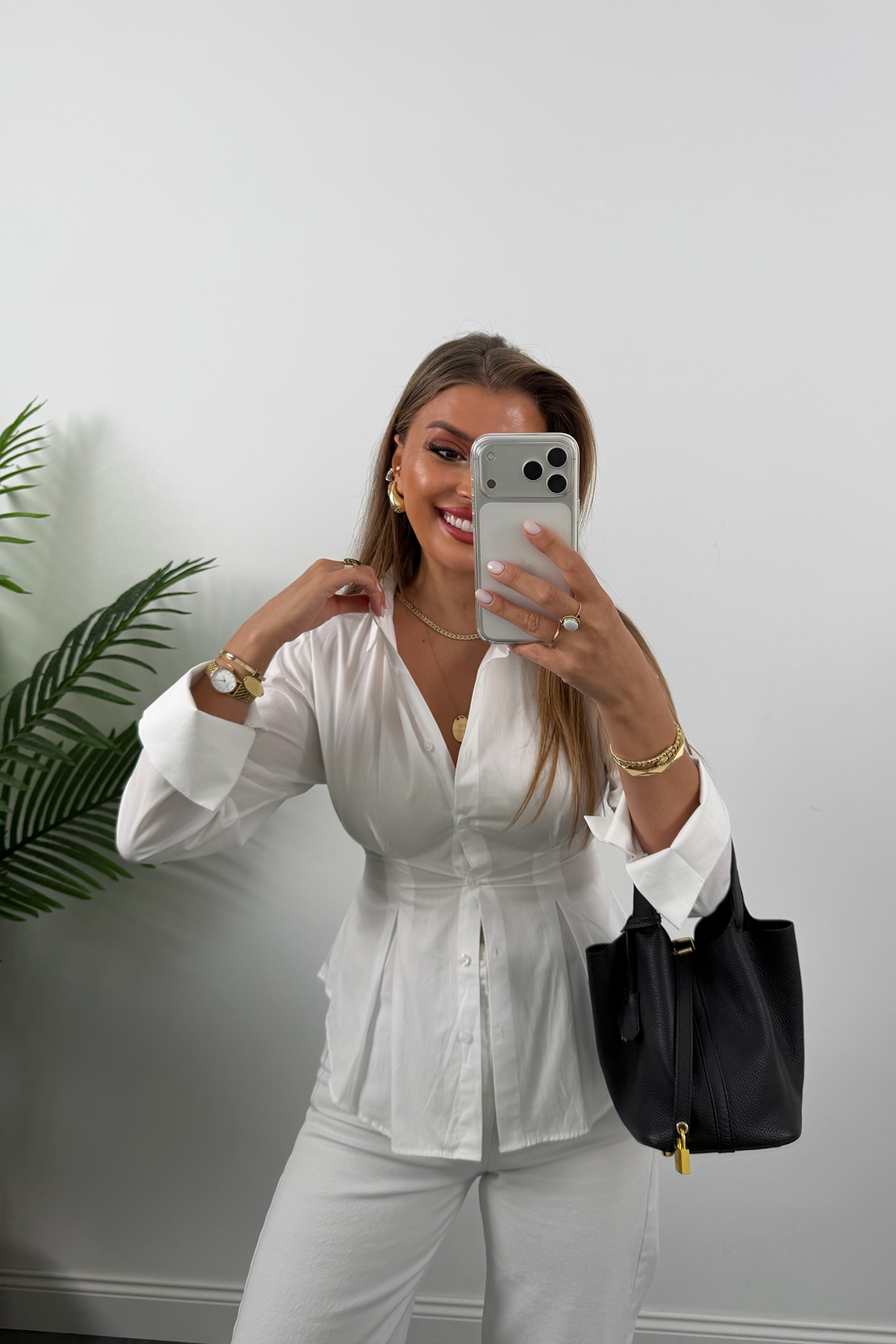 Premium Seri %100 Pamuk Oturtma Pileli Gömlek Beyaz