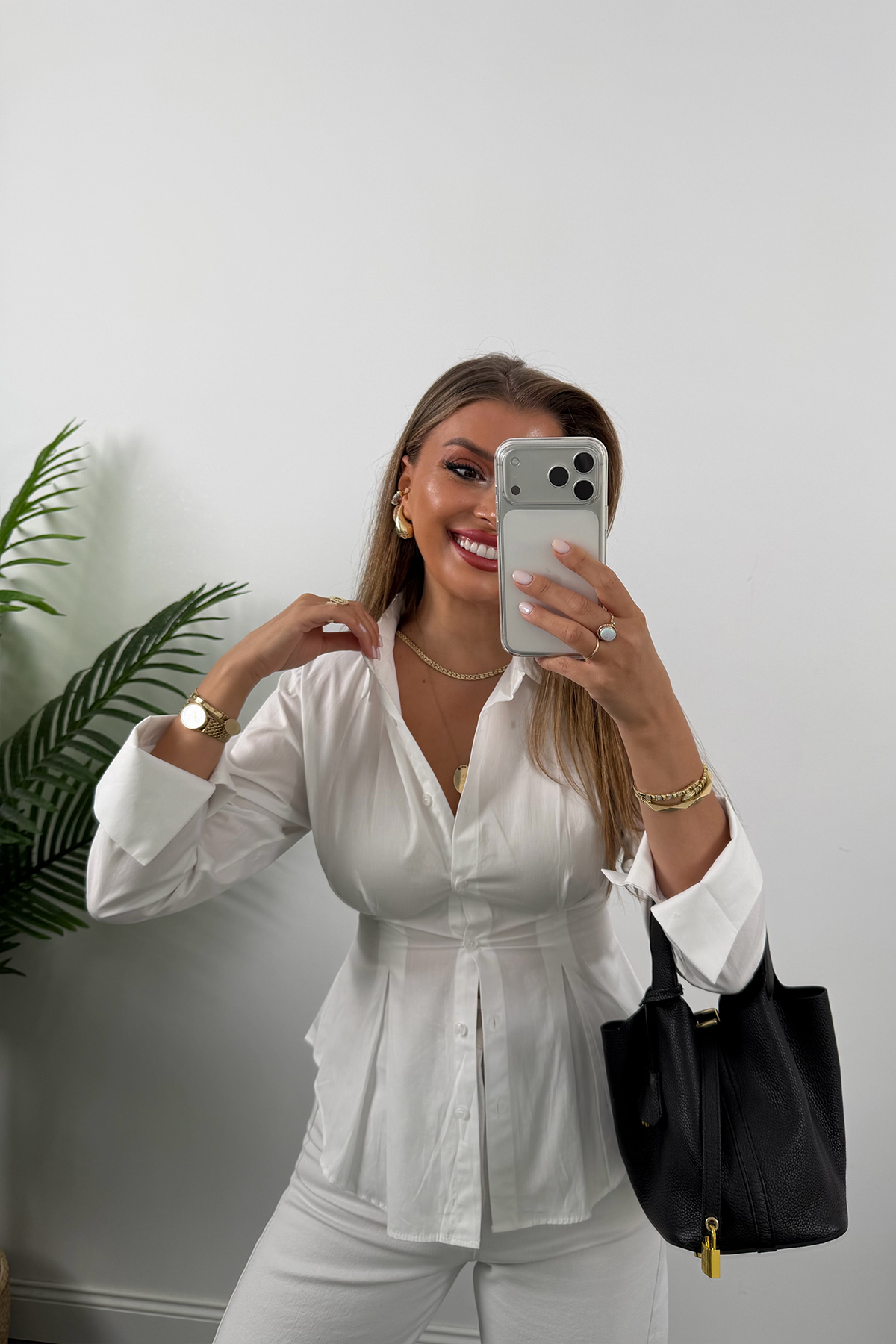Premium Seri %100 Pamuk Oturtma Pileli Gömlek Beyaz