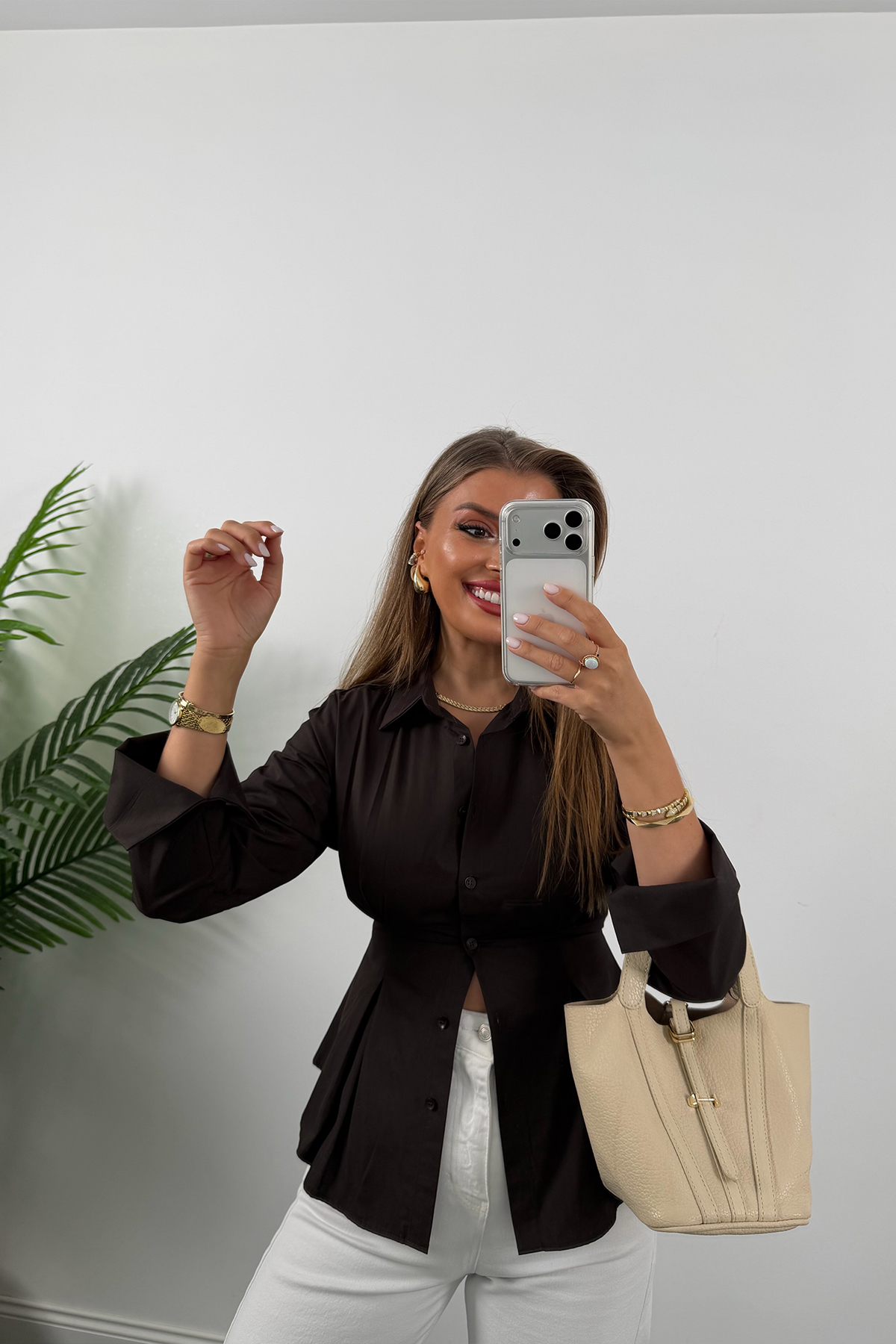 Premium Seri %100 Pamuk Oturtma Pileli Gömlek Acı Kahve