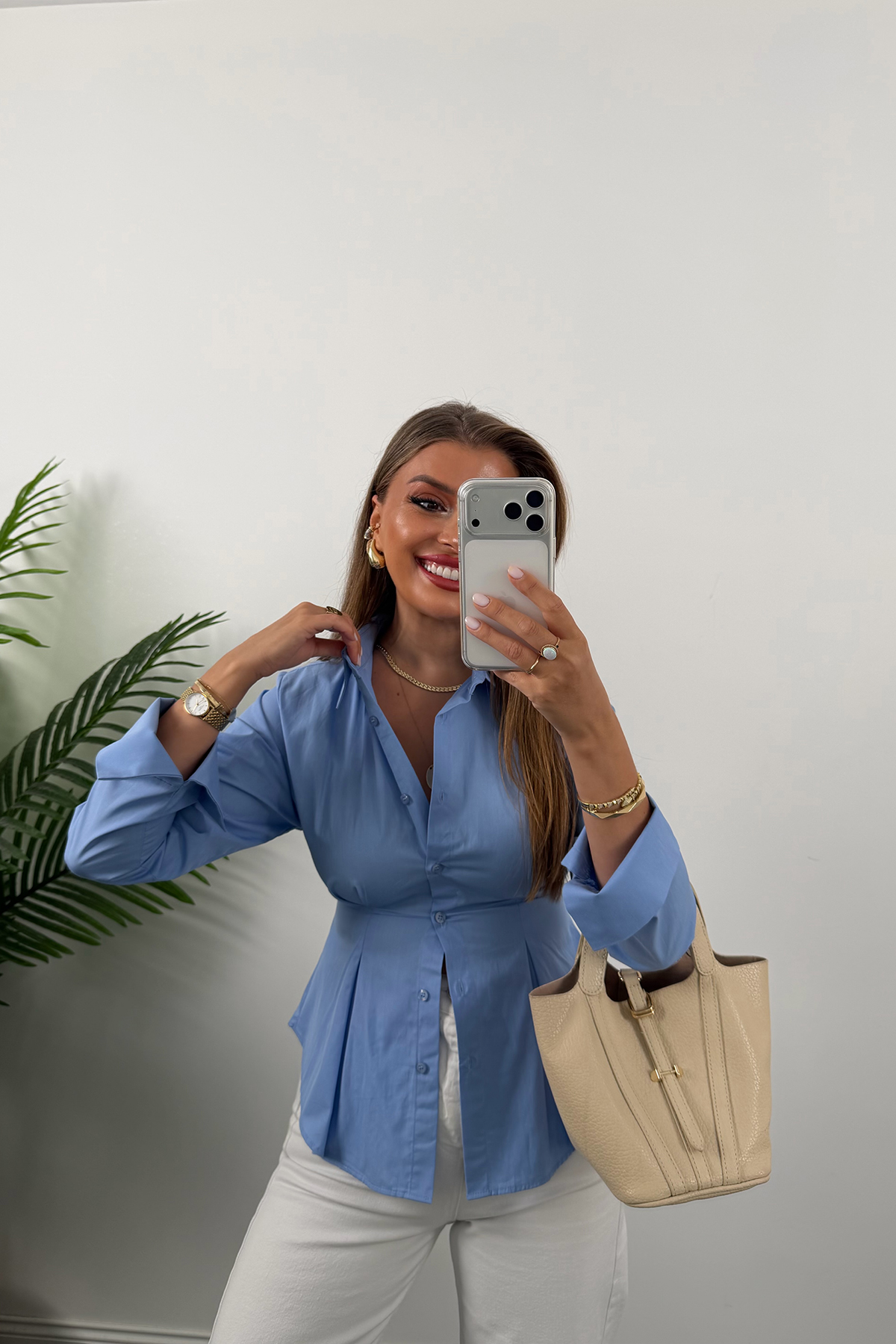 Premium Seri %100 Pamuk Oturtma Pileli Gömlek Mavi