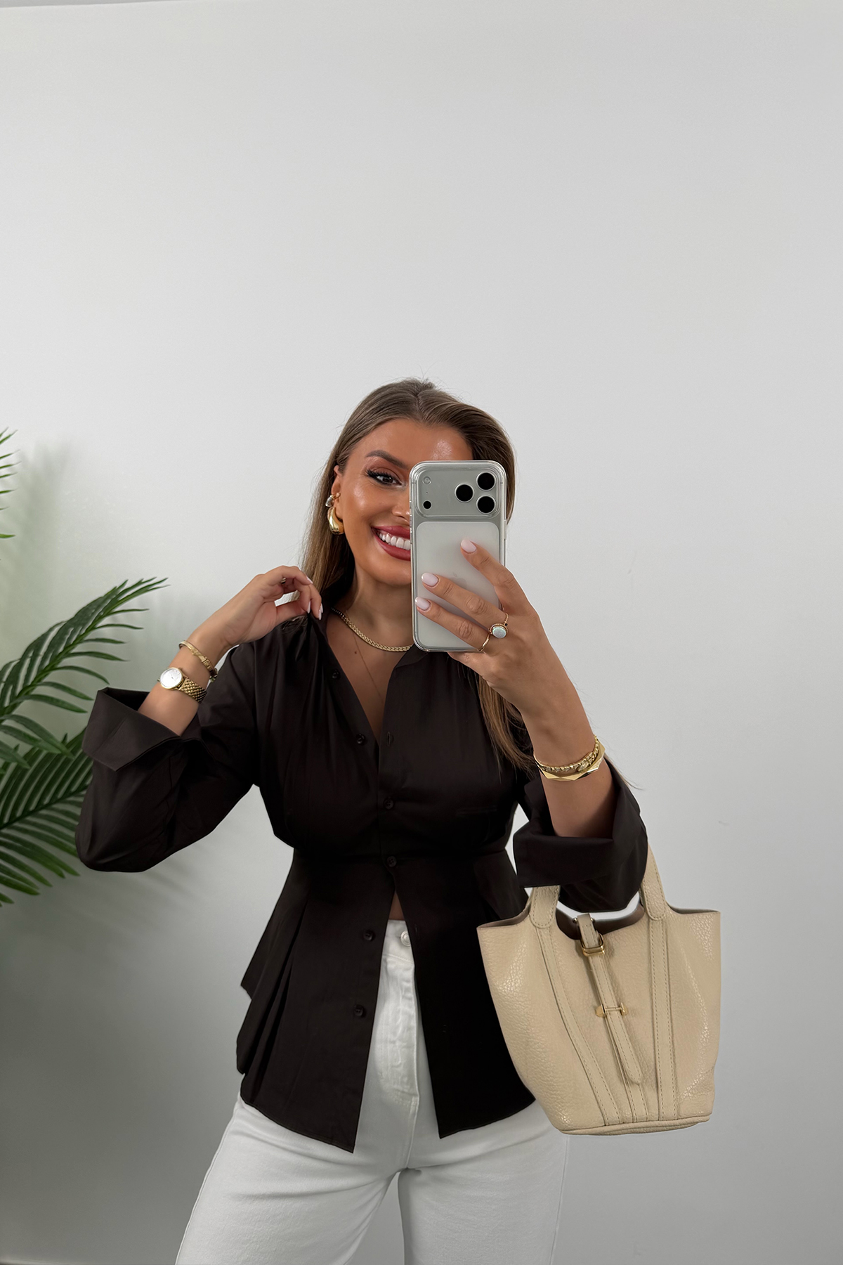 Premium Seri %100 Pamuk Oturtma Pileli Gömlek Acı Kahve