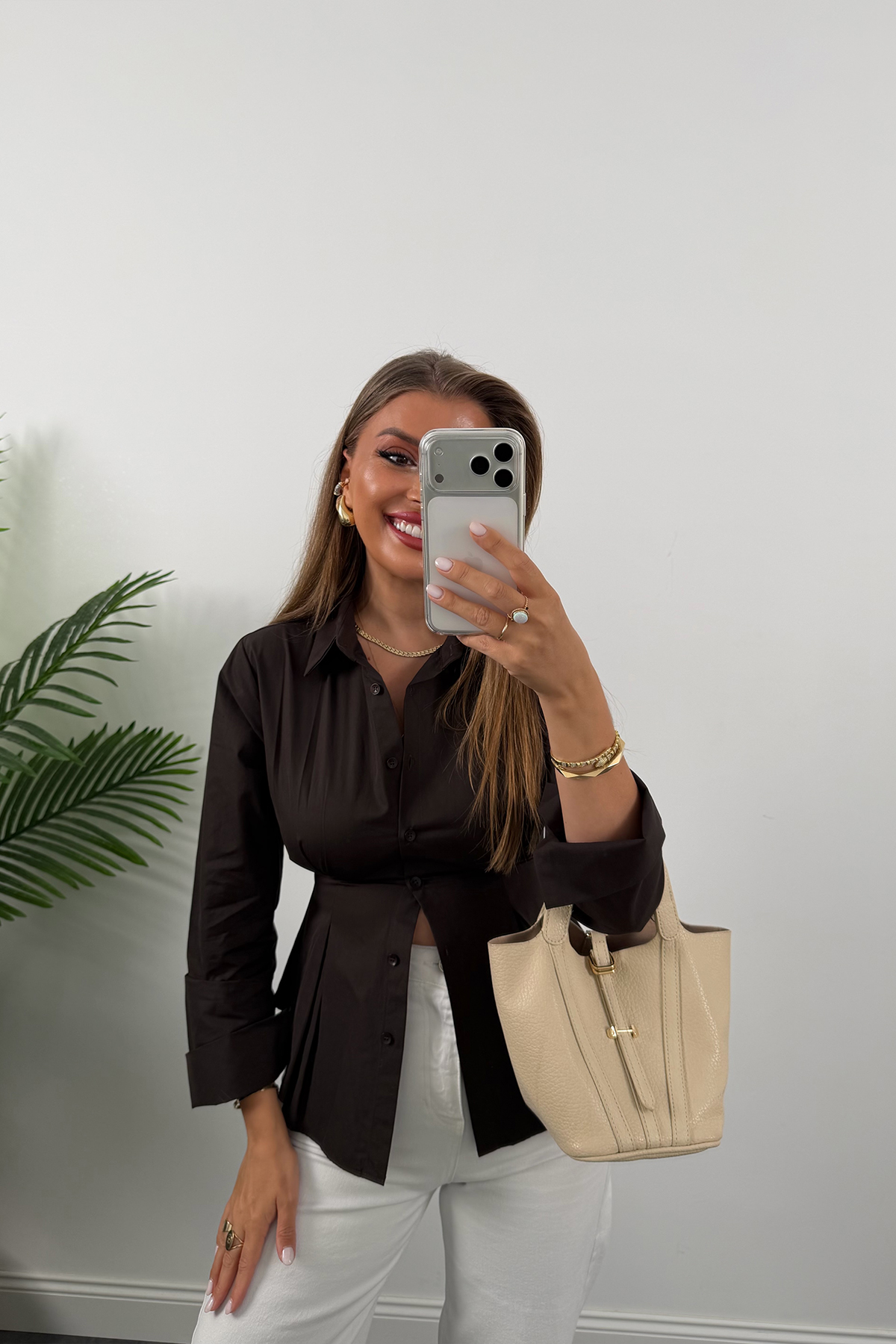 Premium Seri %100 Pamuk Oturtma Pileli Gömlek Acı Kahve