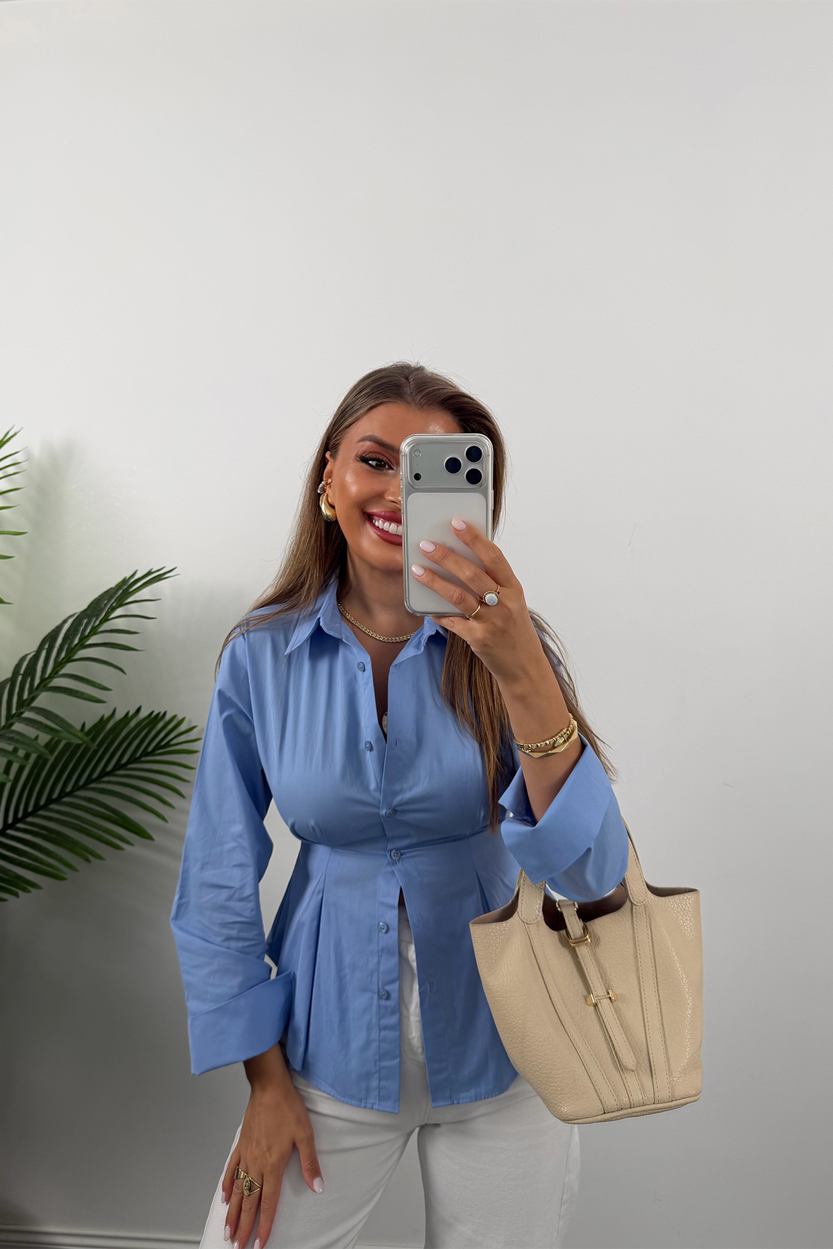 Premium Seri %100 Pamuk Oturtma Pileli Gömlek Mavi