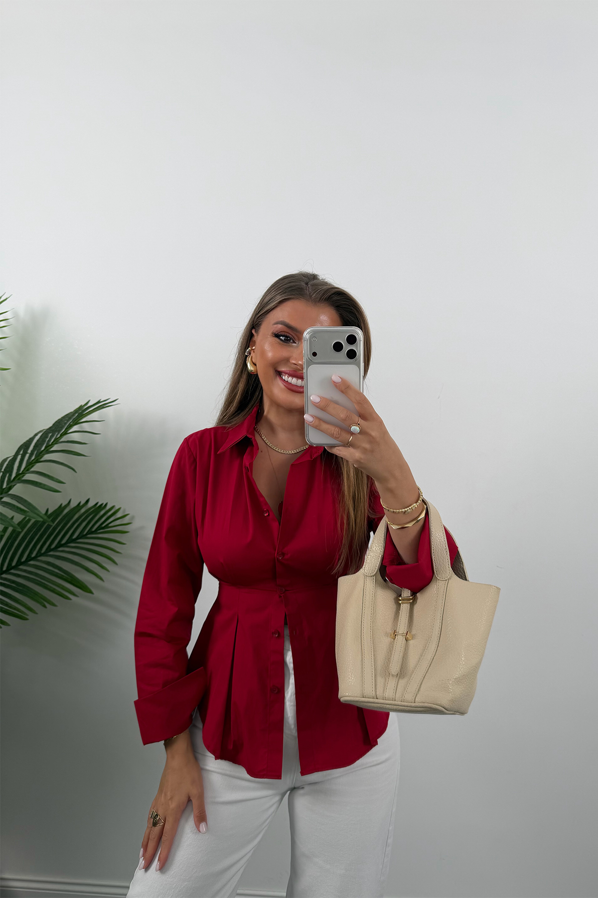 Premium Seri %100 Pamuk Oturtma Pileli Gömlek Kırmızı