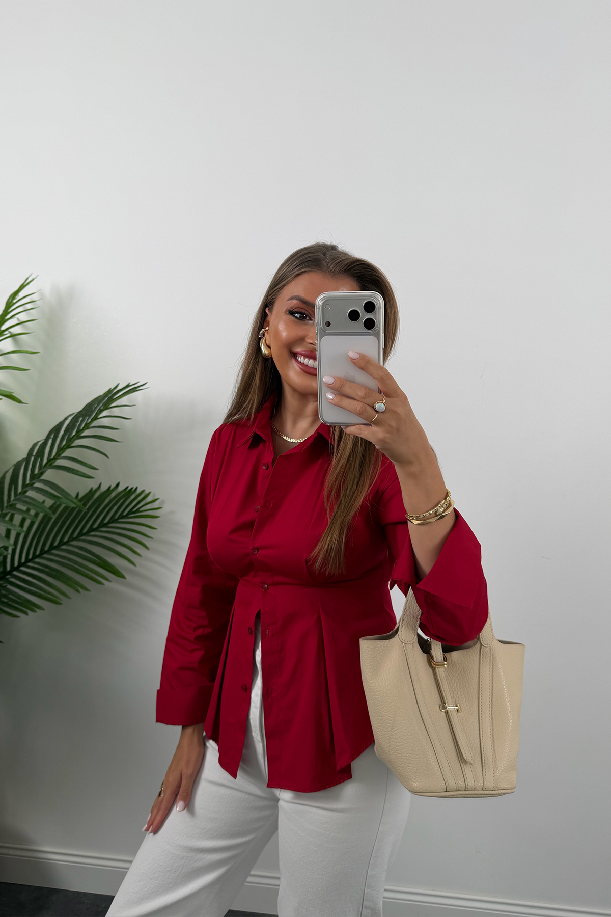 Premium Seri %100 Pamuk Oturtma Pileli Gömlek Kırmızı