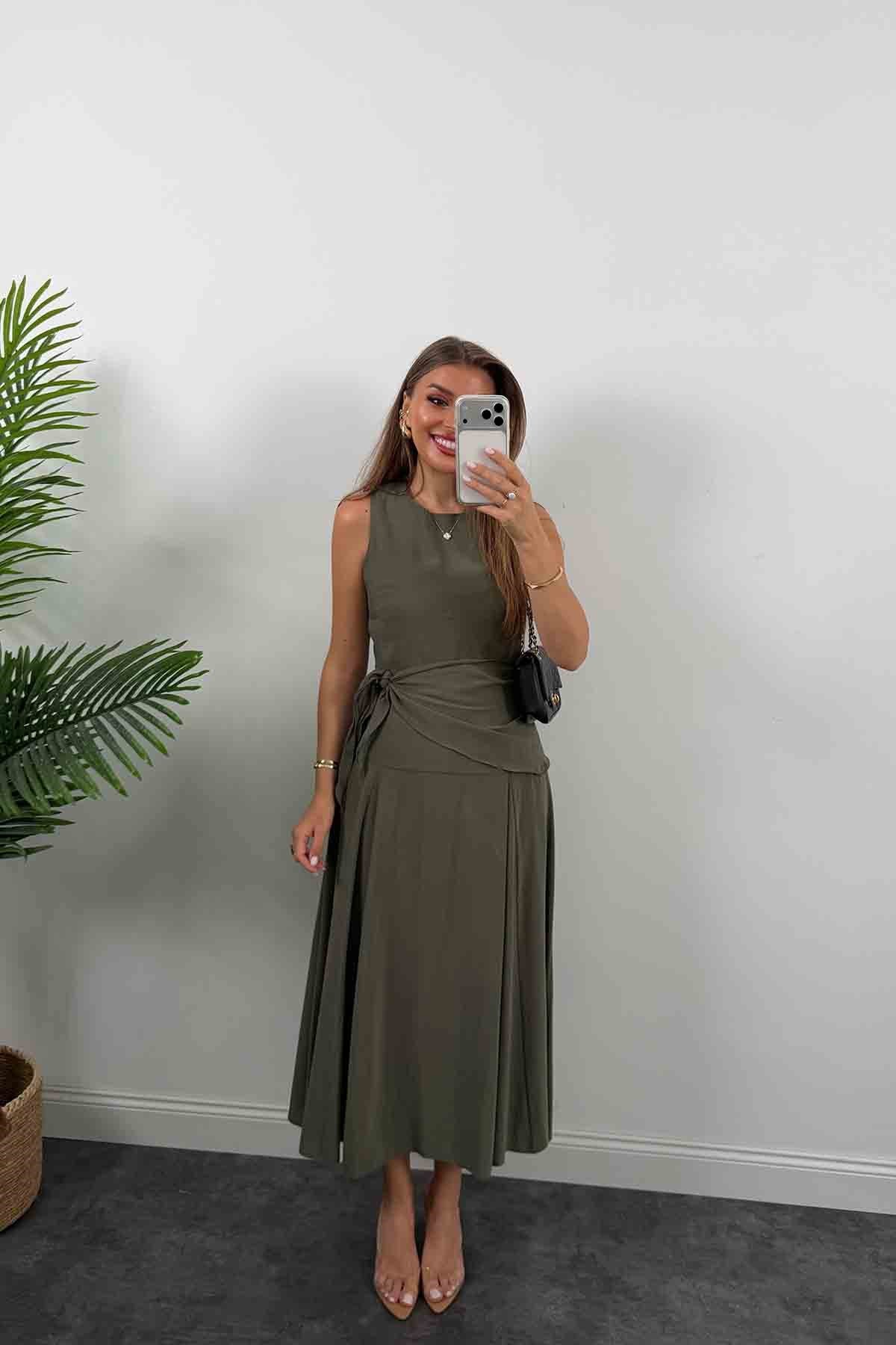 Premium Seri %100 Tensel Kumaş Fularlı Midi Elbise Haki