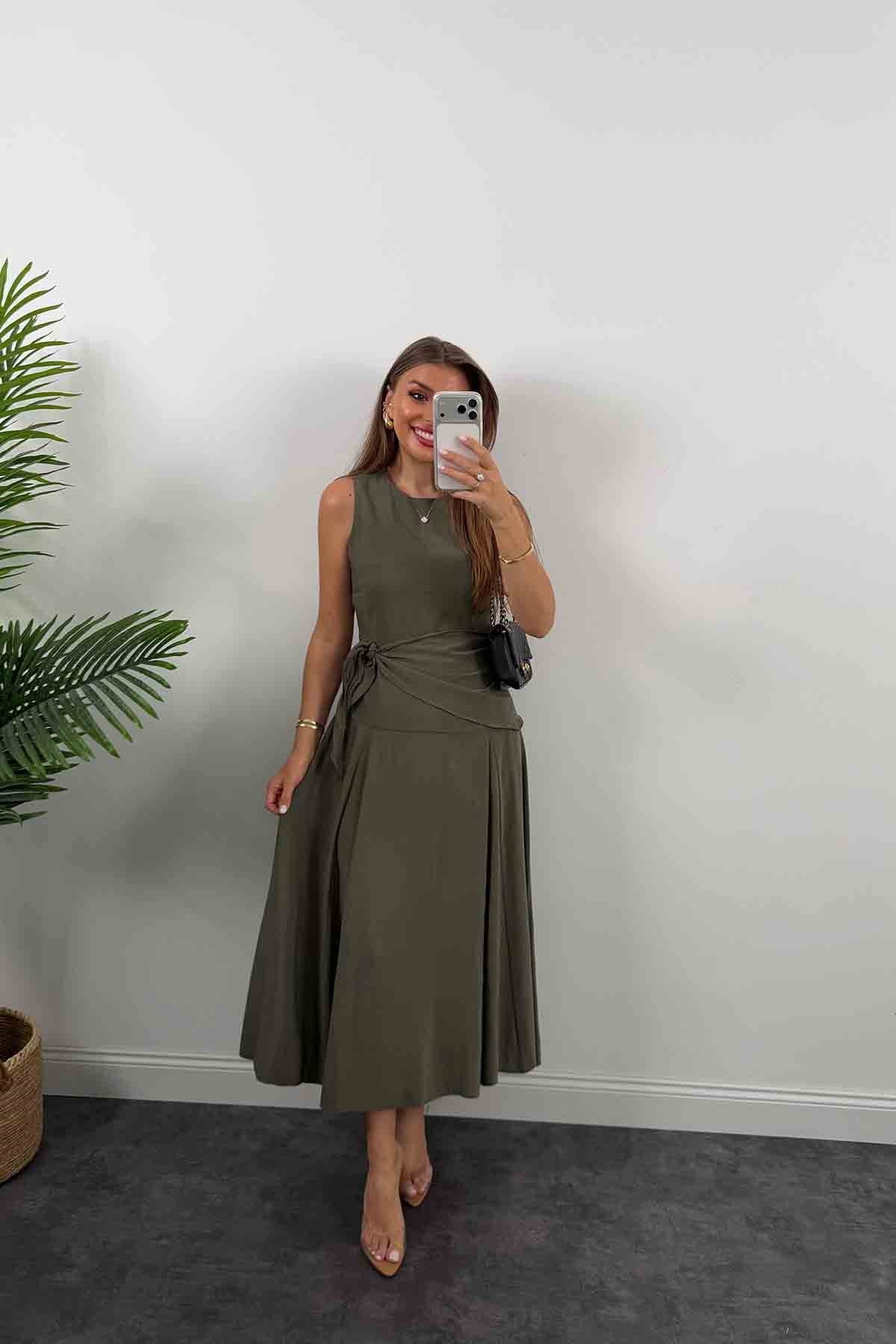 Premium Seri %100 Tensel Kumaş Fularlı Midi Elbise Haki