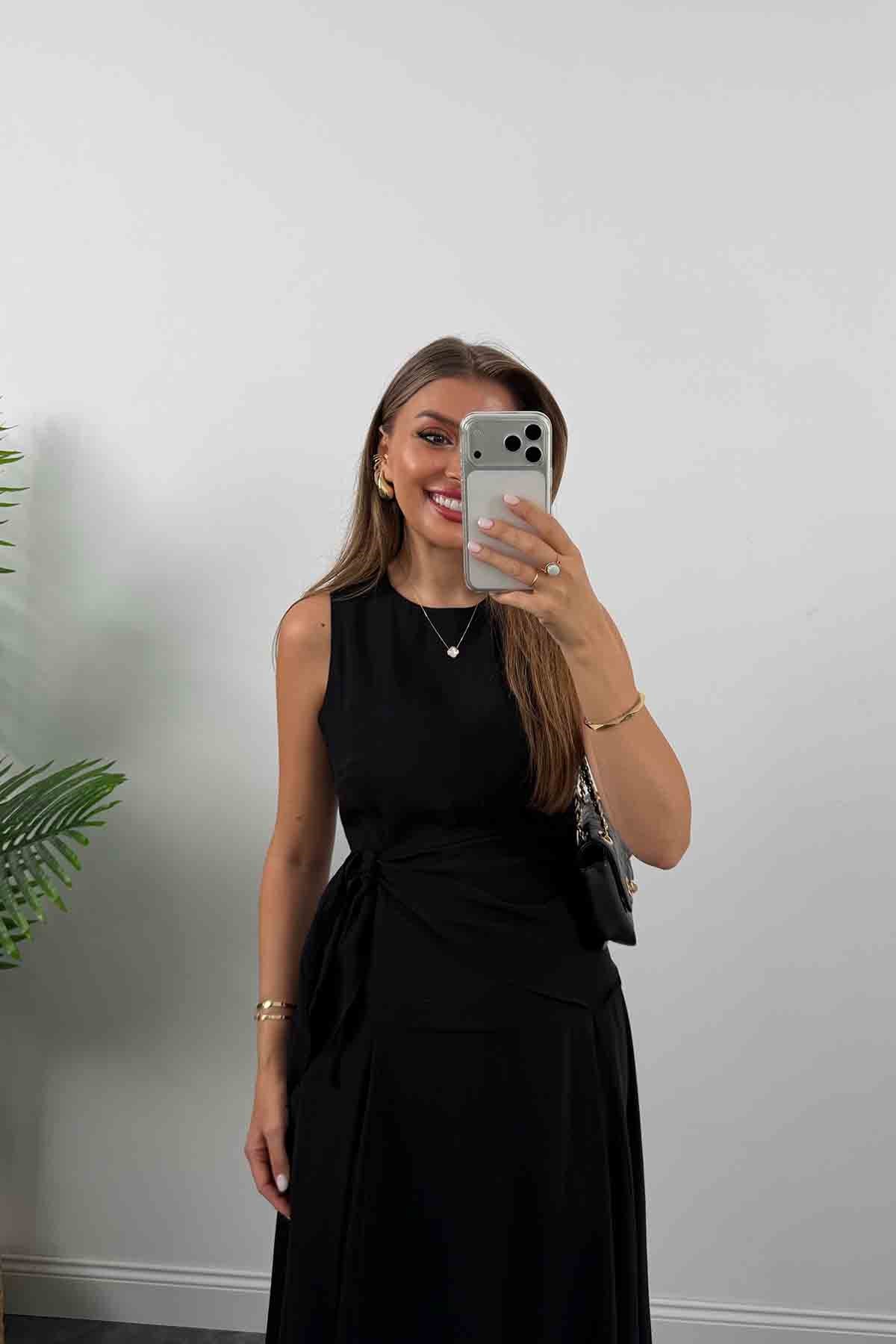 Premium Seri %100 Tensel Kumaş Fularlı Midi Elbise Siyah