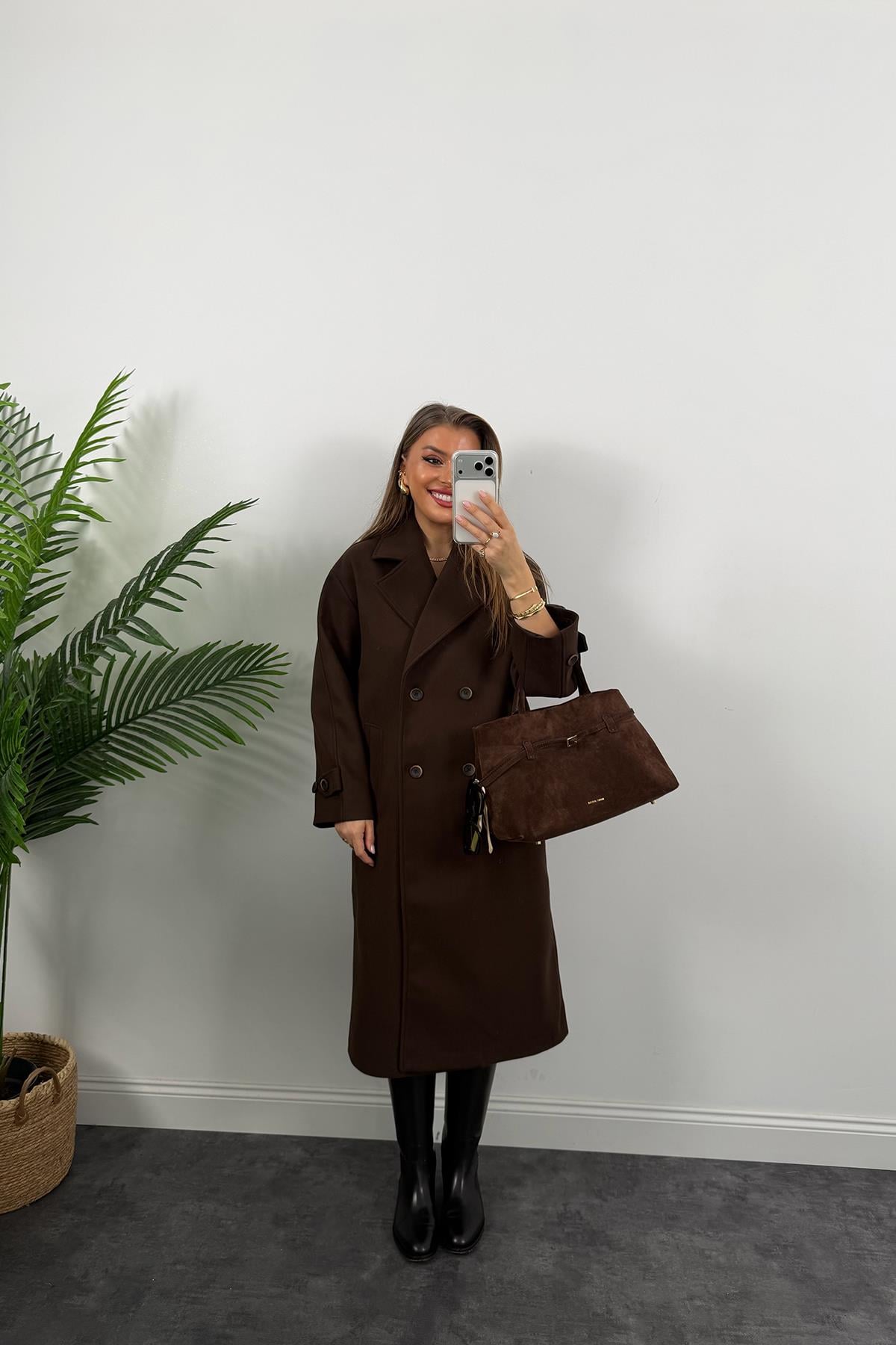 Premium Seri 4 Düğmeli Kol Detay Oversize Maxi Kaşe Kaban Acı Kahve