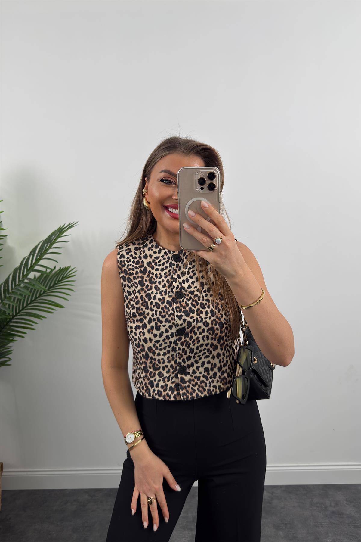 Premium Seri Astarlı Keten Leopar Yelek
