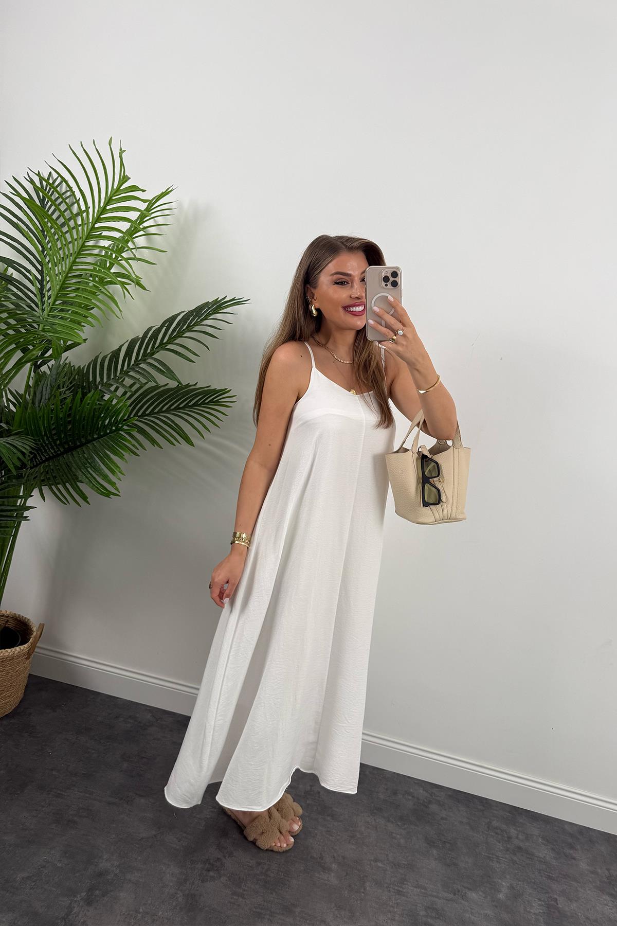 Premium Seri Basic Salaş Tensel Elbise Beyaz