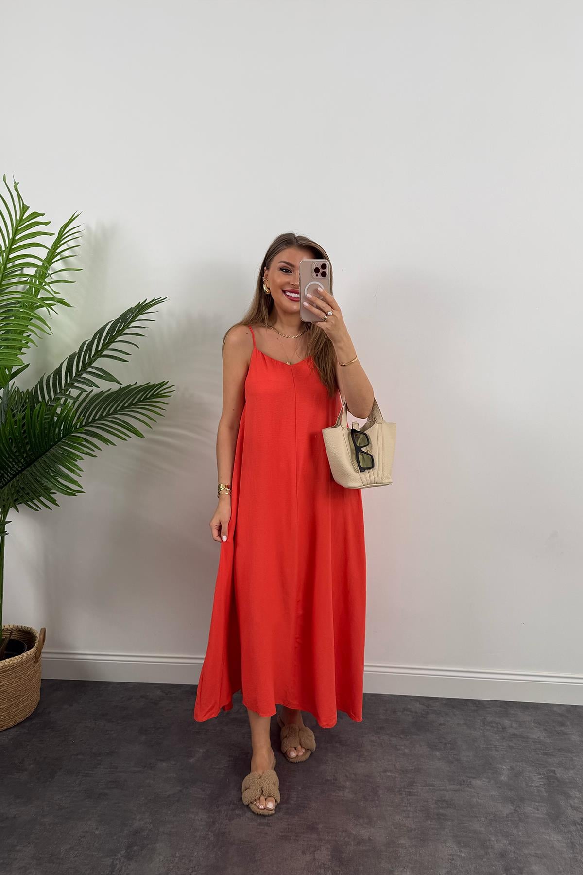 Premium Seri Basic Salaş Tensel Elbise Nar Çiçeği