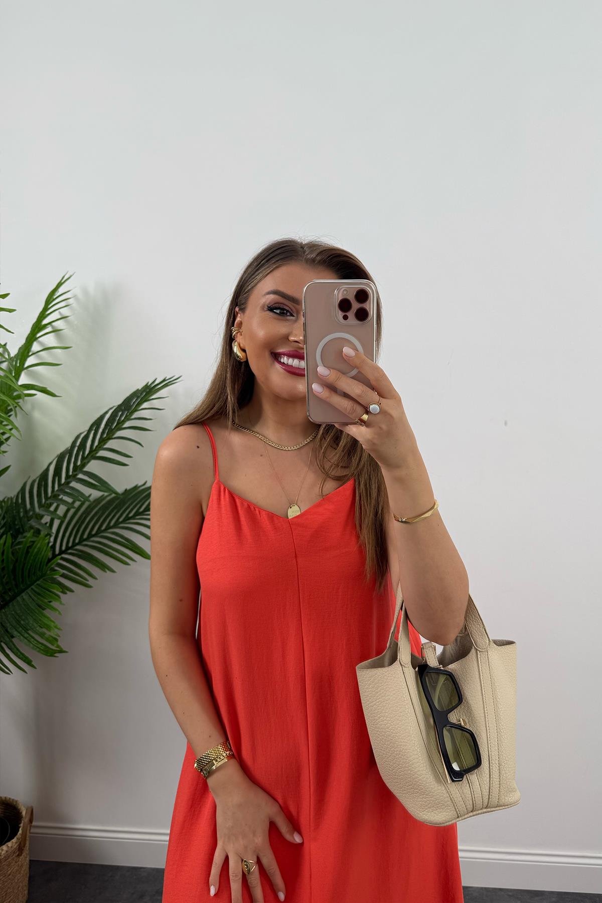 Premium Seri Basic Salaş Tensel Elbise Nar Çiçeği