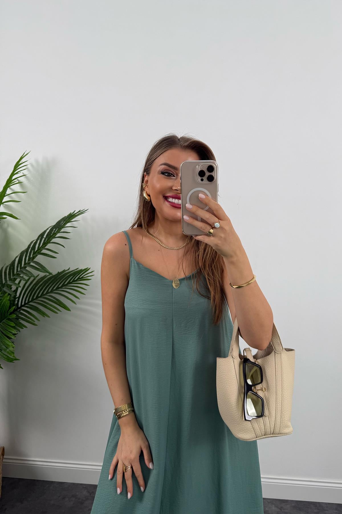 Premium Seri Basic Salaş Tensel Elbise Çağla