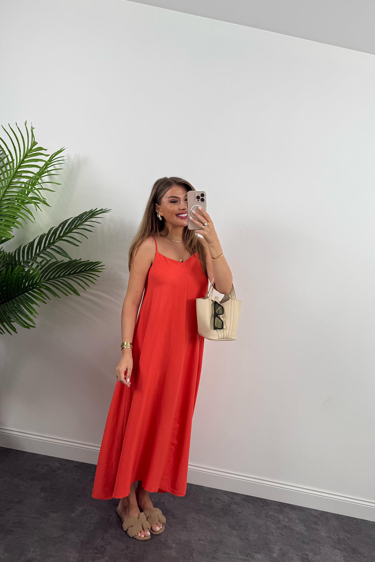 Premium Seri Basic Salaş Tensel Elbise Nar Çiçeği