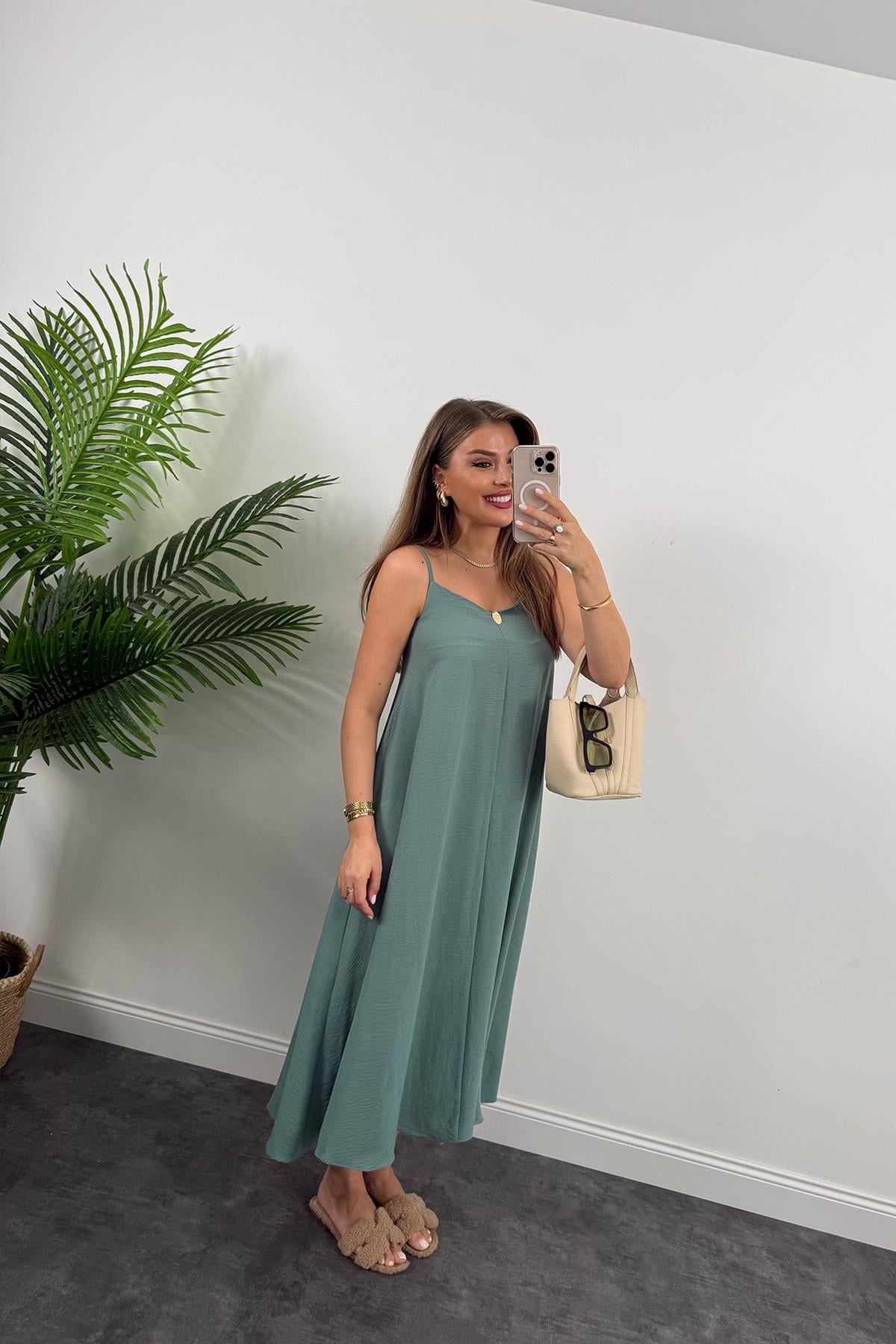 Premium Seri Basic Salaş Tensel Elbise Çağla