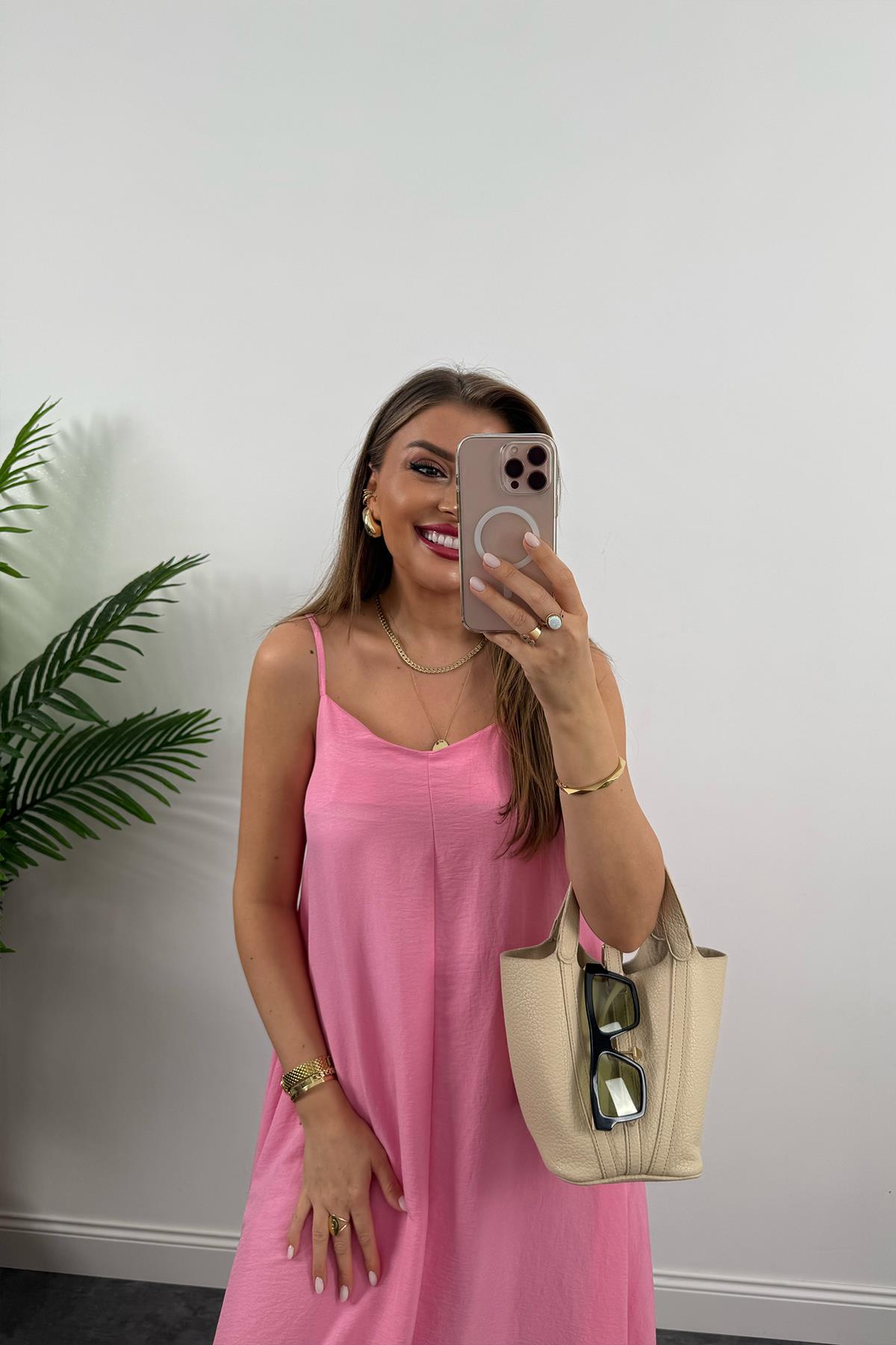 Premium Seri Basic Salaş Tensel Elbise Pembe