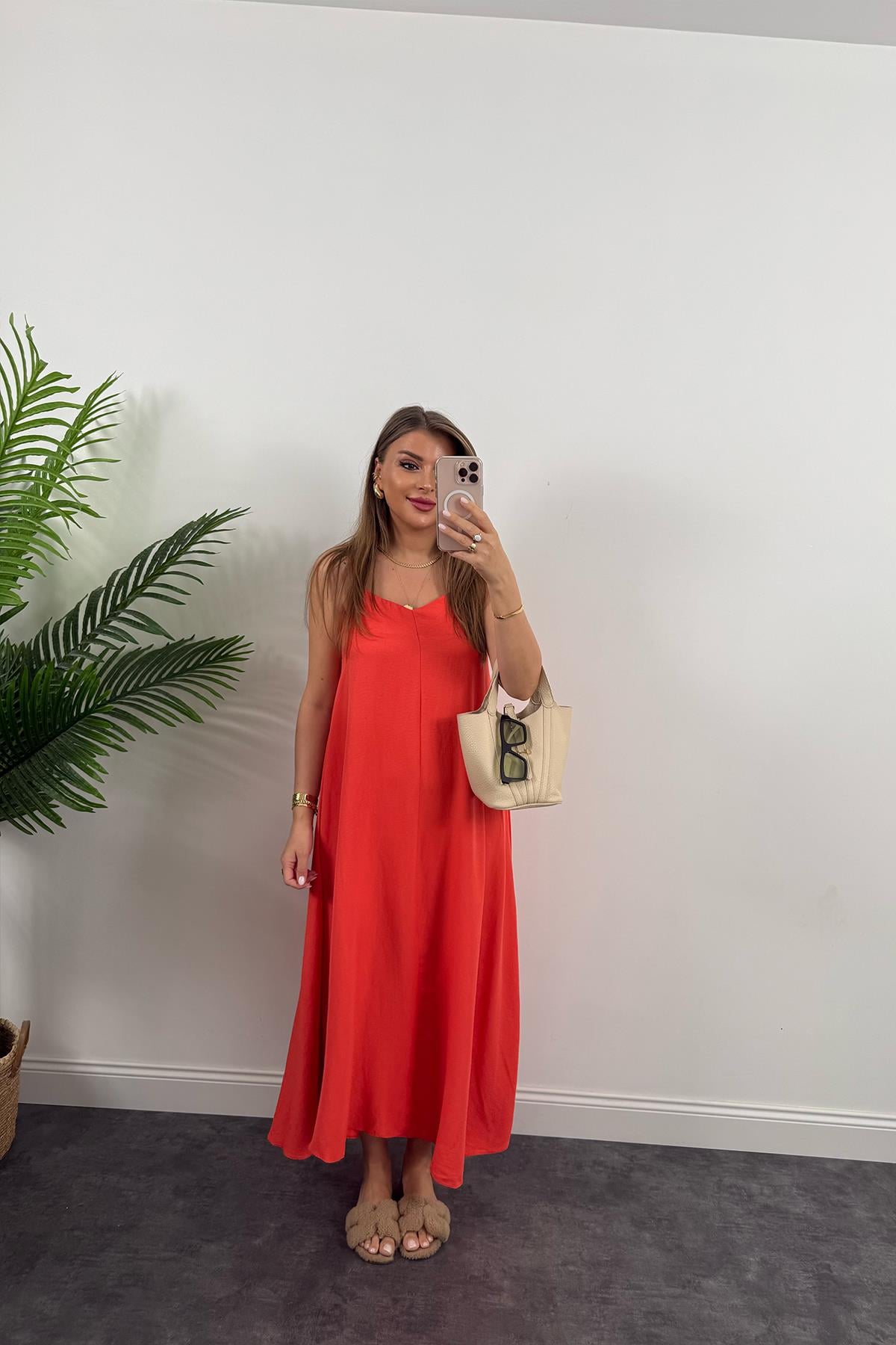 Premium Seri Basic Salaş Tensel Elbise Nar Çiçeği