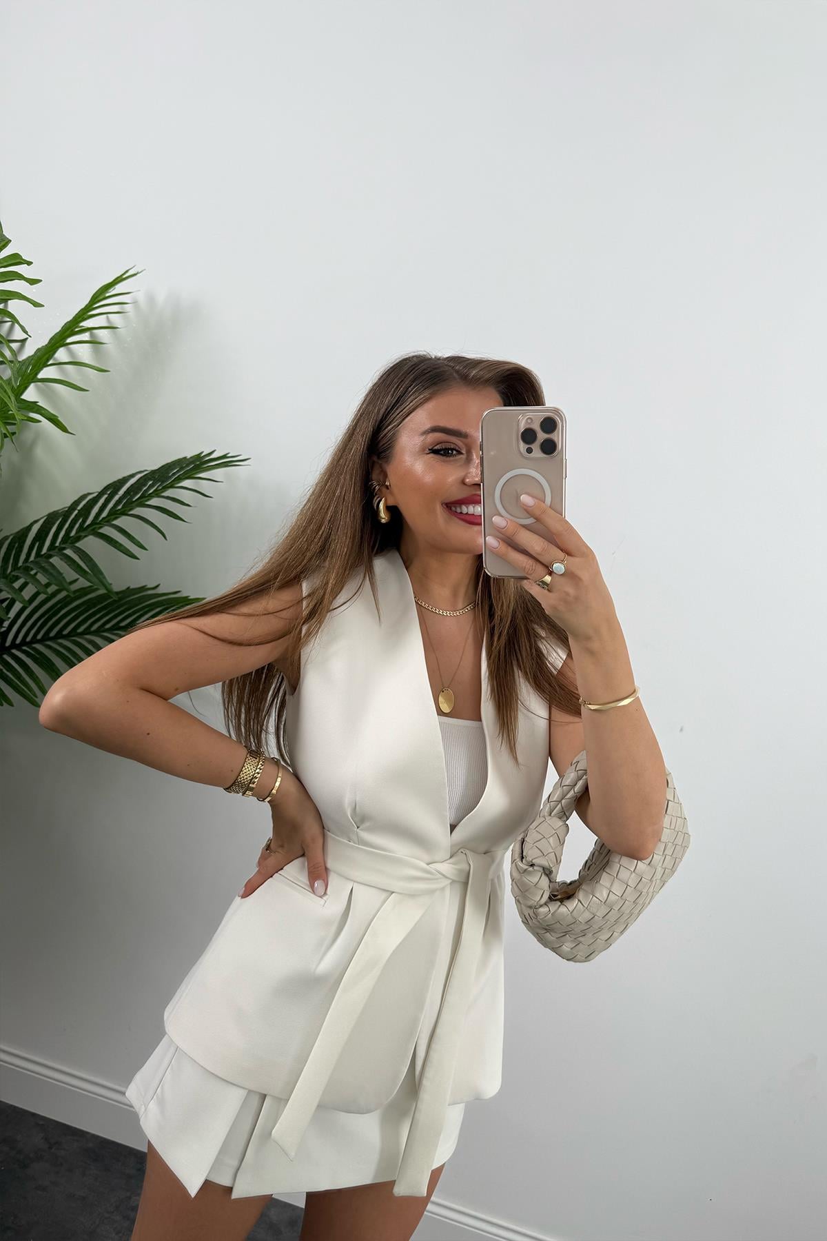 Premium Seri Belden Oturtma Kuşaklı Double Kumaş Yelek Ekru