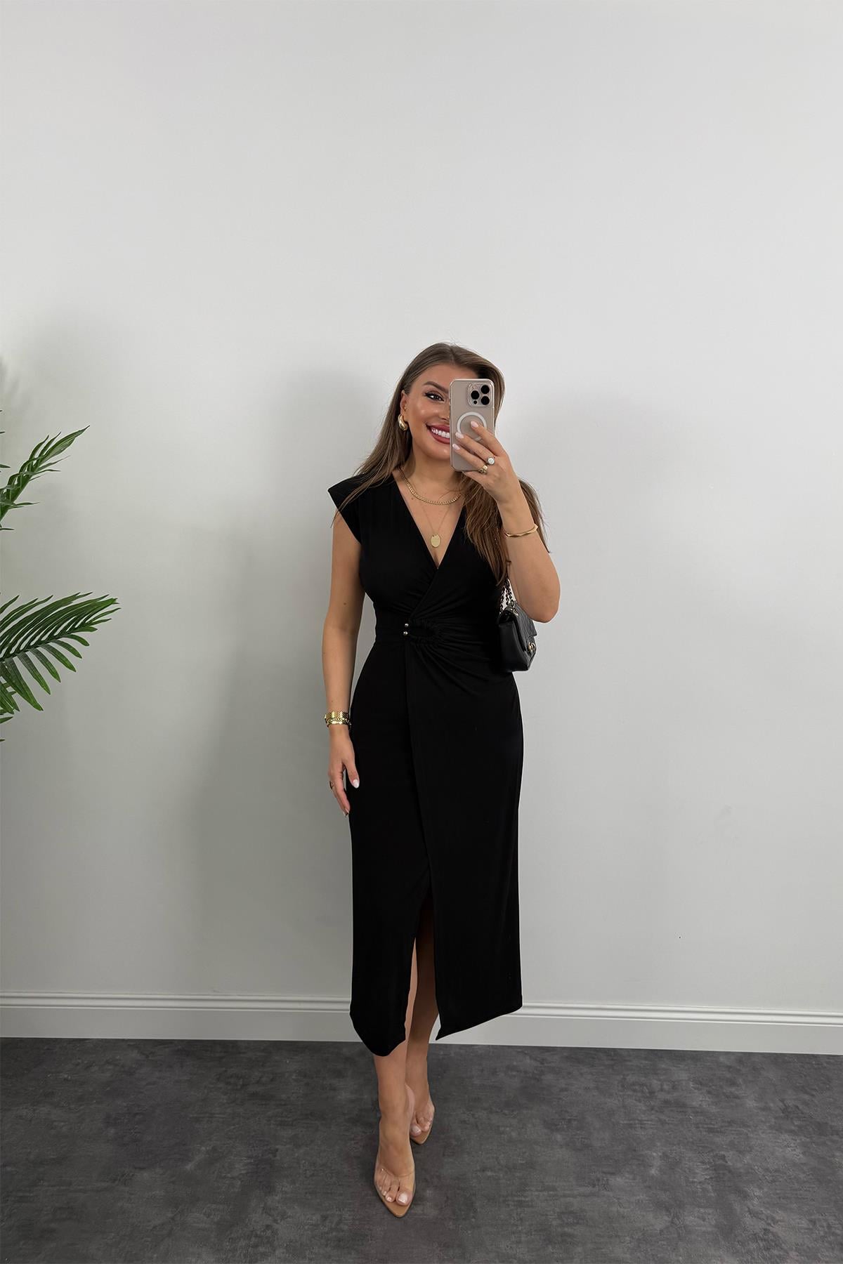 Premium Seri Beli Aksesuarlı Likralı Kruvaze Elbise