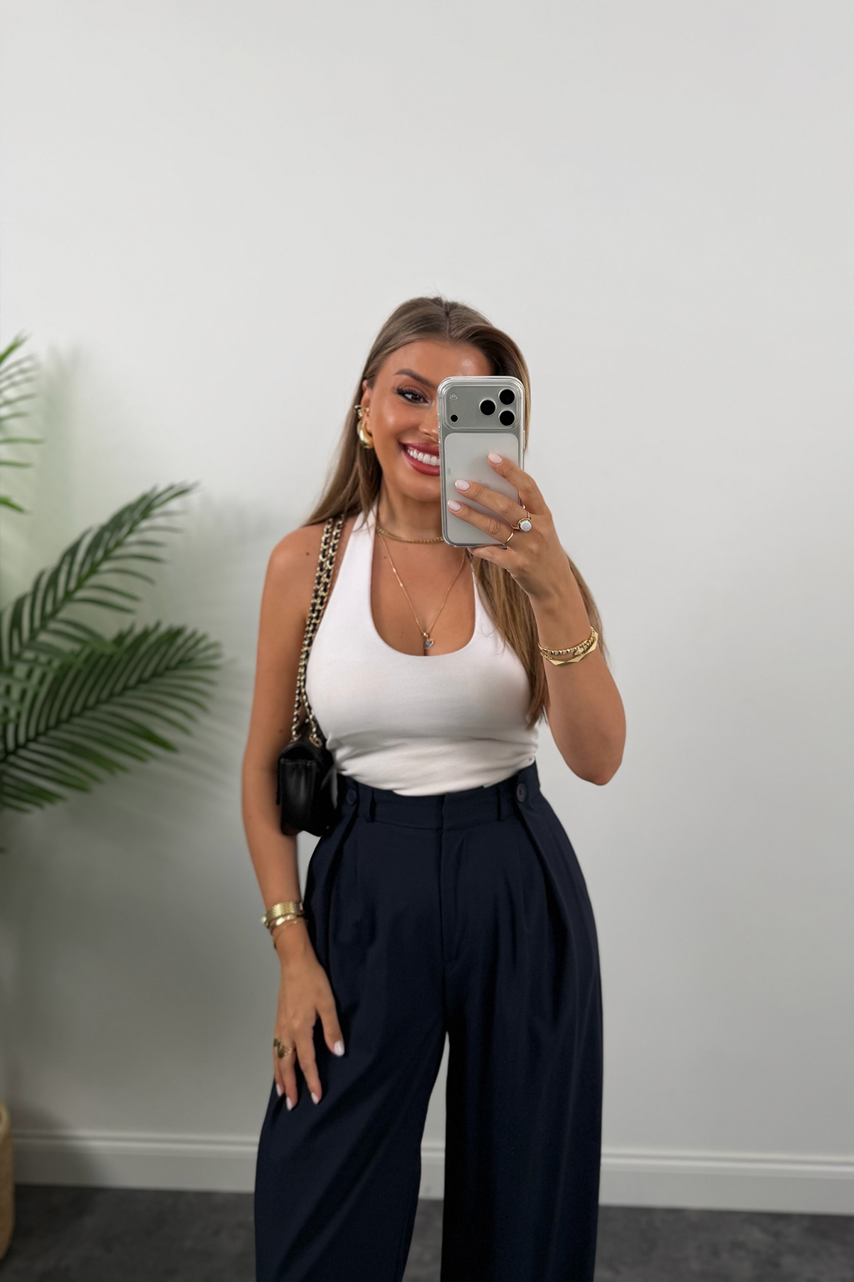 Premium Seri Beli Düğmeli Bol Paça Kumaş Pantolon Lacivert