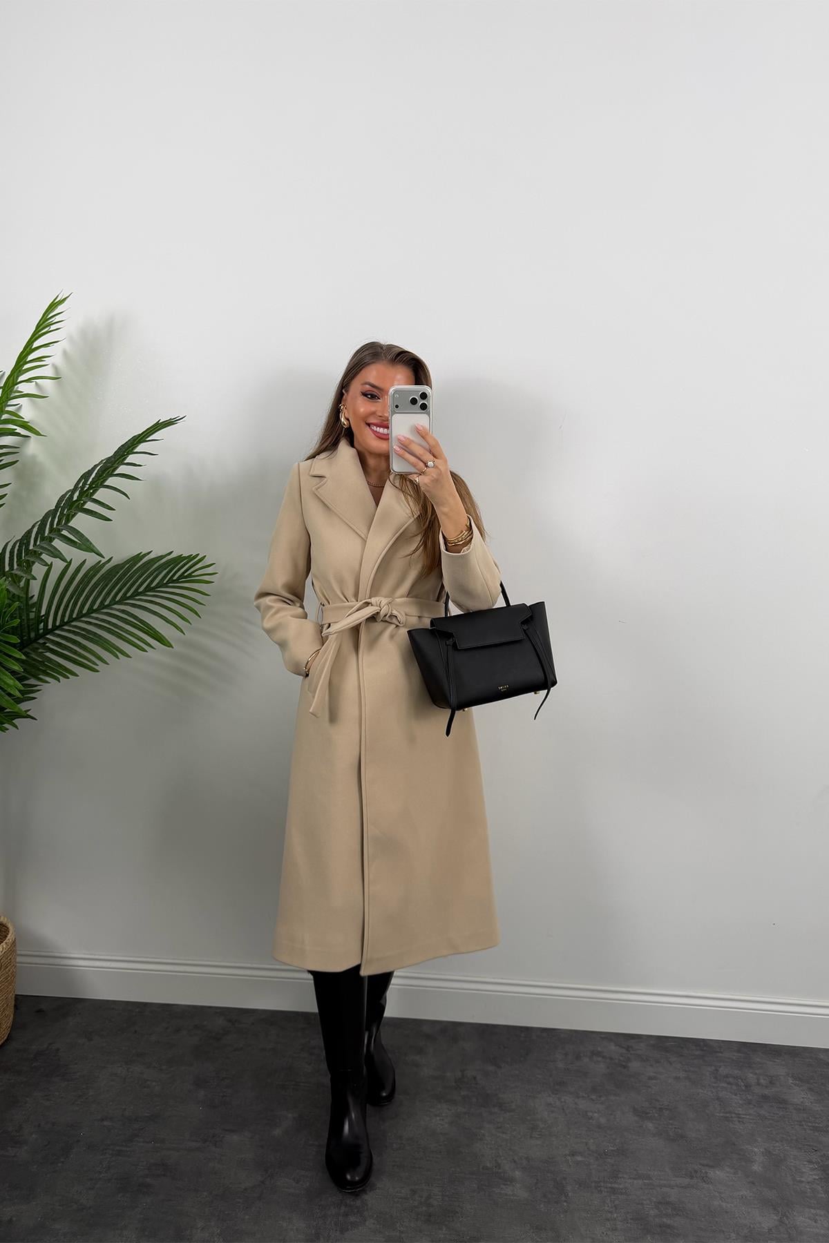 Premium Seri Beli Kuşaklı Basic Maxi Kaşe Kaban Taş