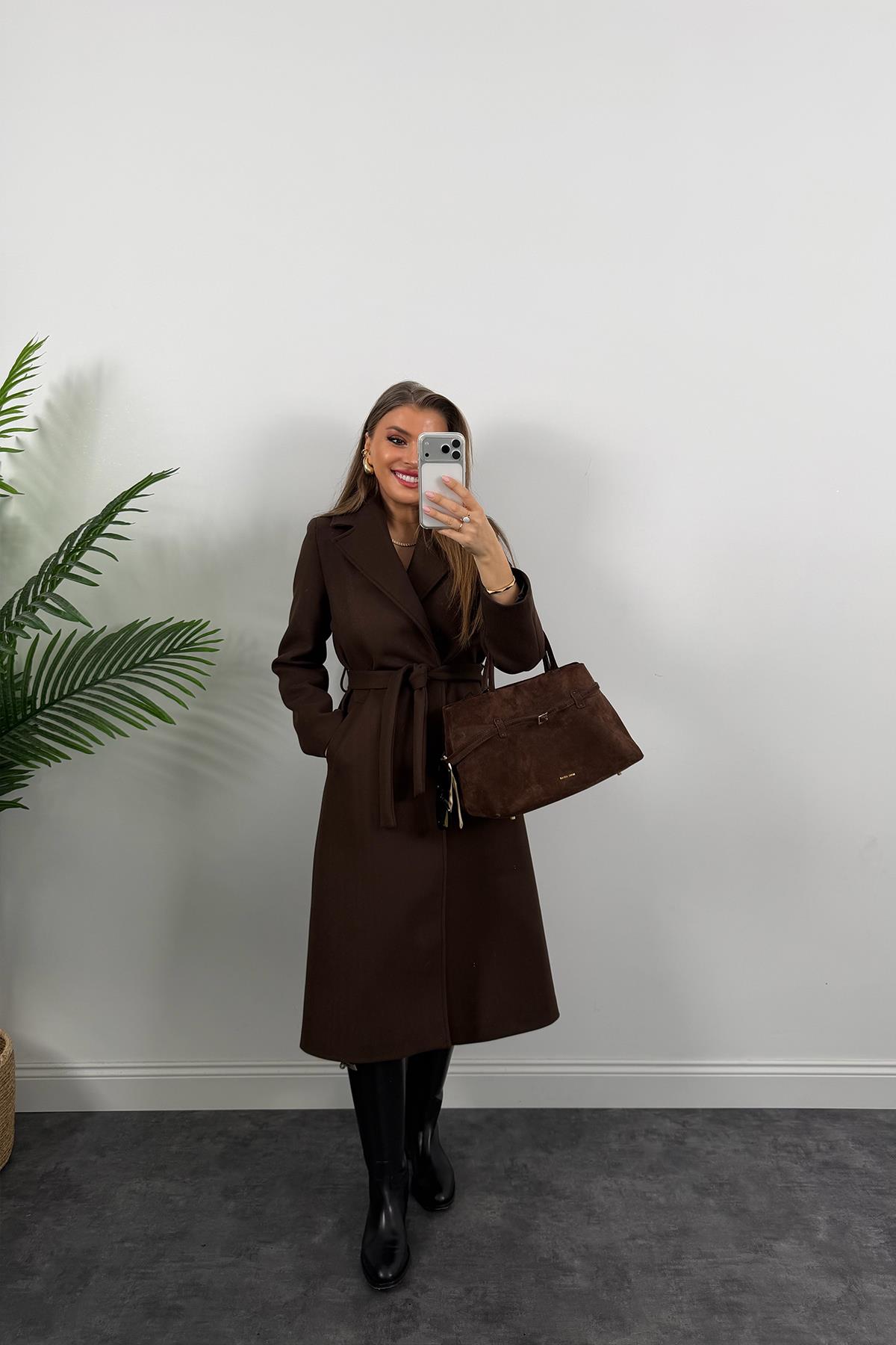 Premium Seri Beli Kuşaklı Basic Maxi Kaşe Kaban Acı Kahve