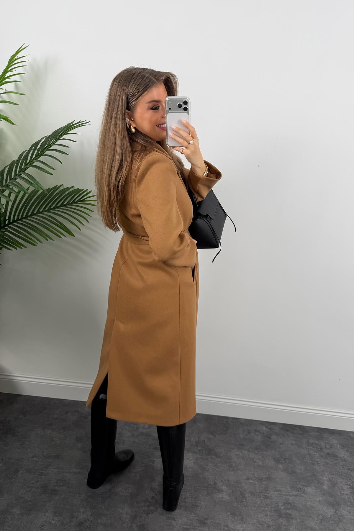 Premium Seri Beli Kuşaklı Basic Maxi Kaşe Kaban Camel 