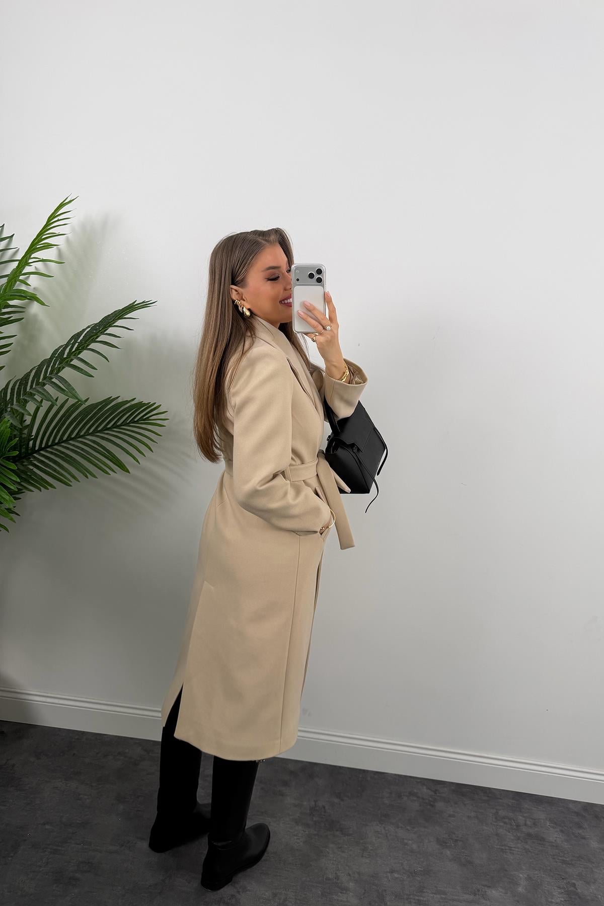 Premium Seri Beli Kuşaklı Basic Maxi Kaşe Kaban Taş