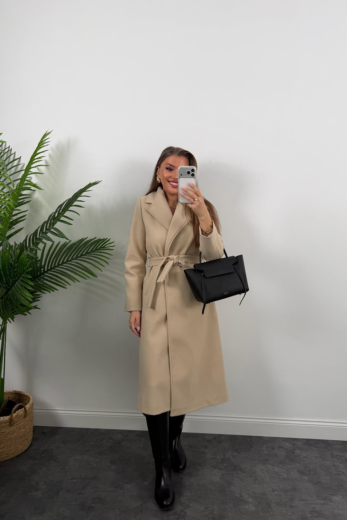 Premium Seri Beli Kuşaklı Basic Maxi Kaşe Kaban Taş