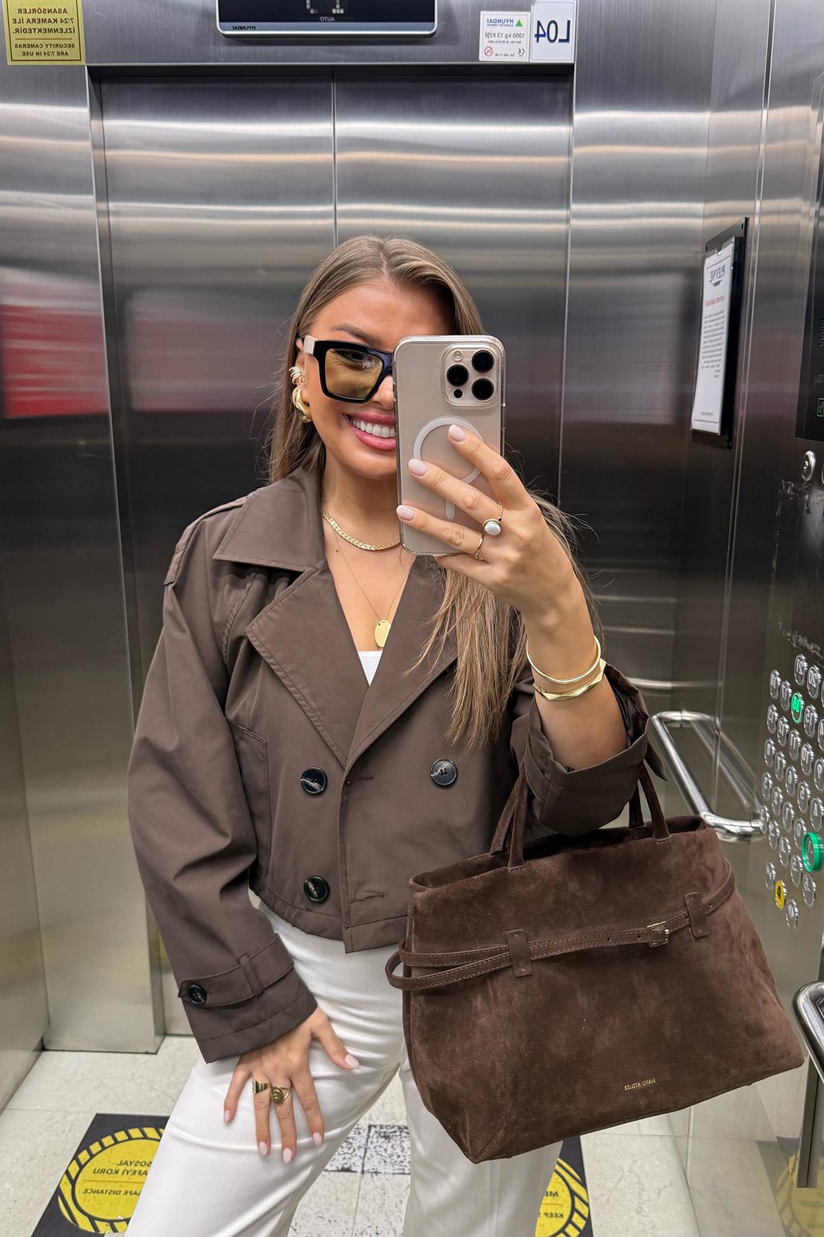 Premium Seri Biker Model Apoletli Kısa Trençkot Acı Kahve