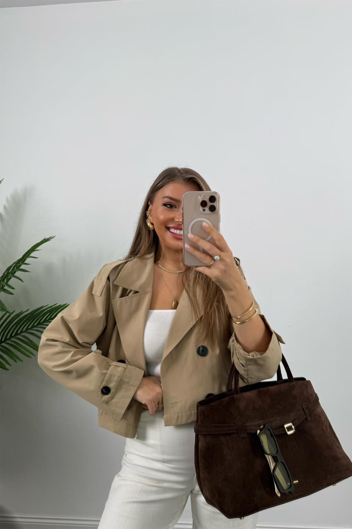 Premium Seri Biker Model Apoletli Kısa Trençkot Bej