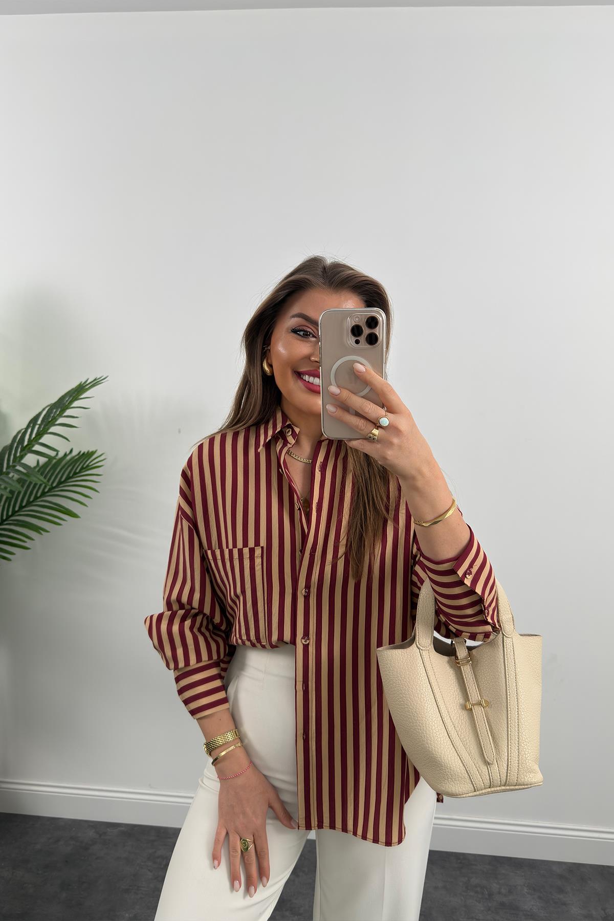 Premium Seri Bordo Camel Çizgili Tensel Gömlek