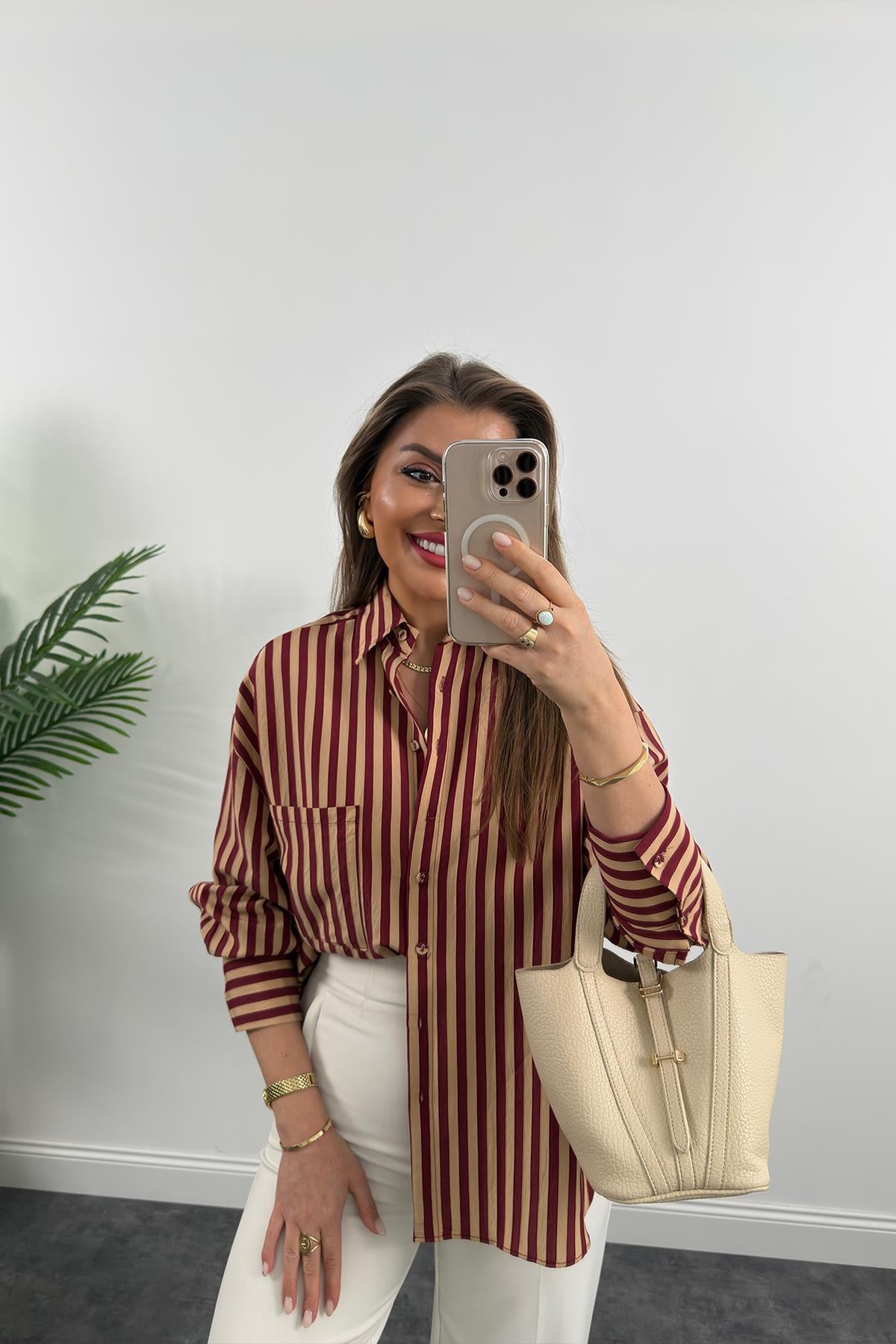 Premium Seri Bordo Camel Çizgili Tensel Gömlek