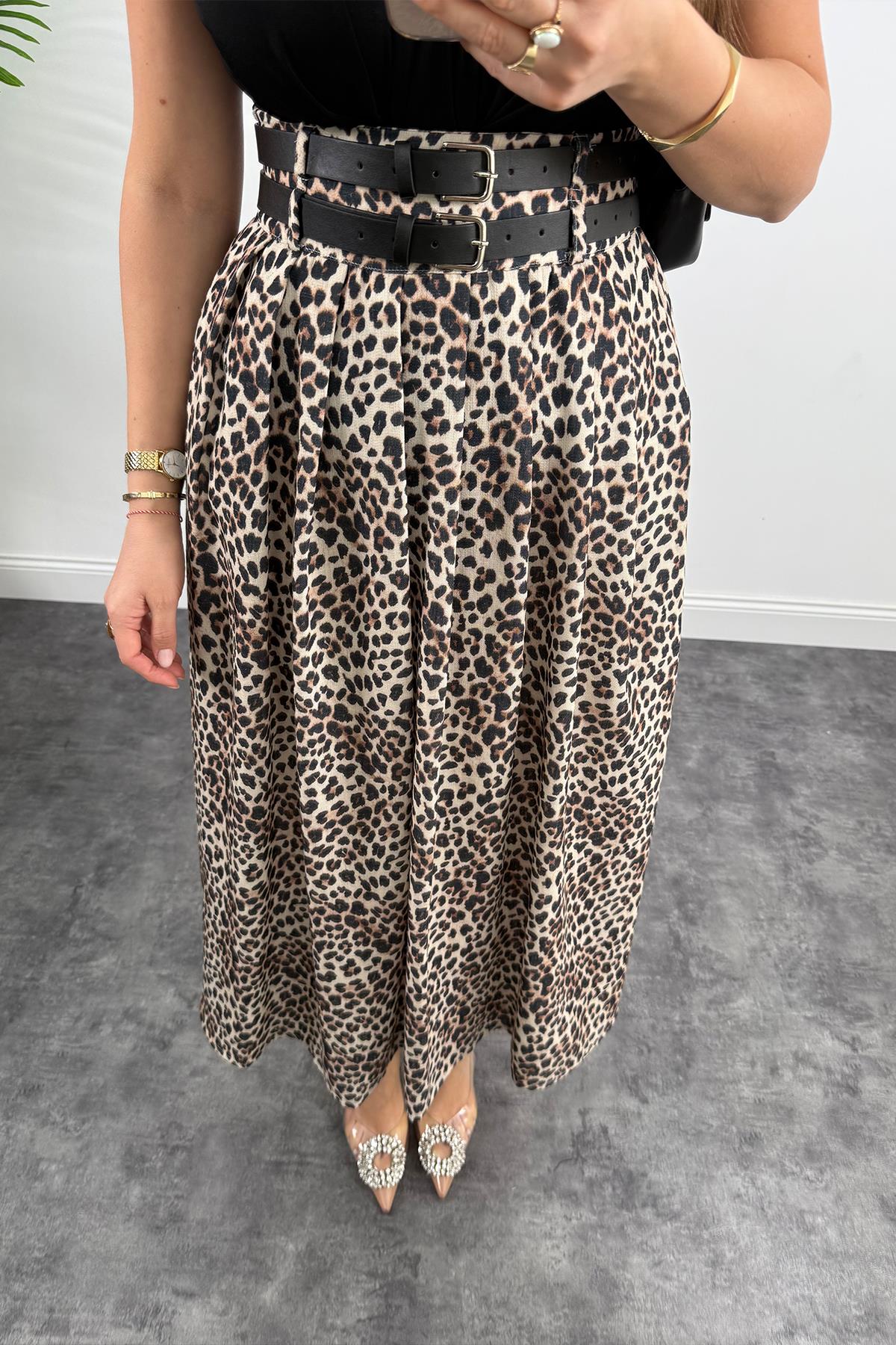 Premium Seri Çift Kemerli Maxi Leopar Etek