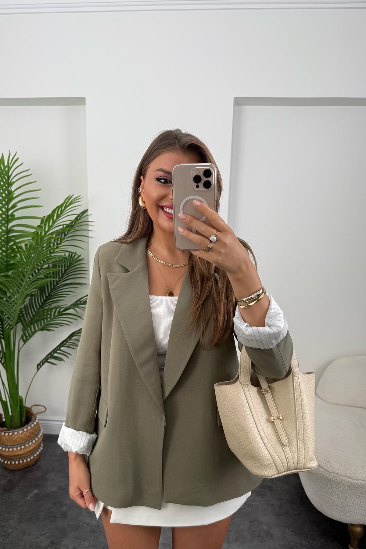 Premium Seri Çizgili Astar Organik Kumaş Keten Blazer Ceket Haki