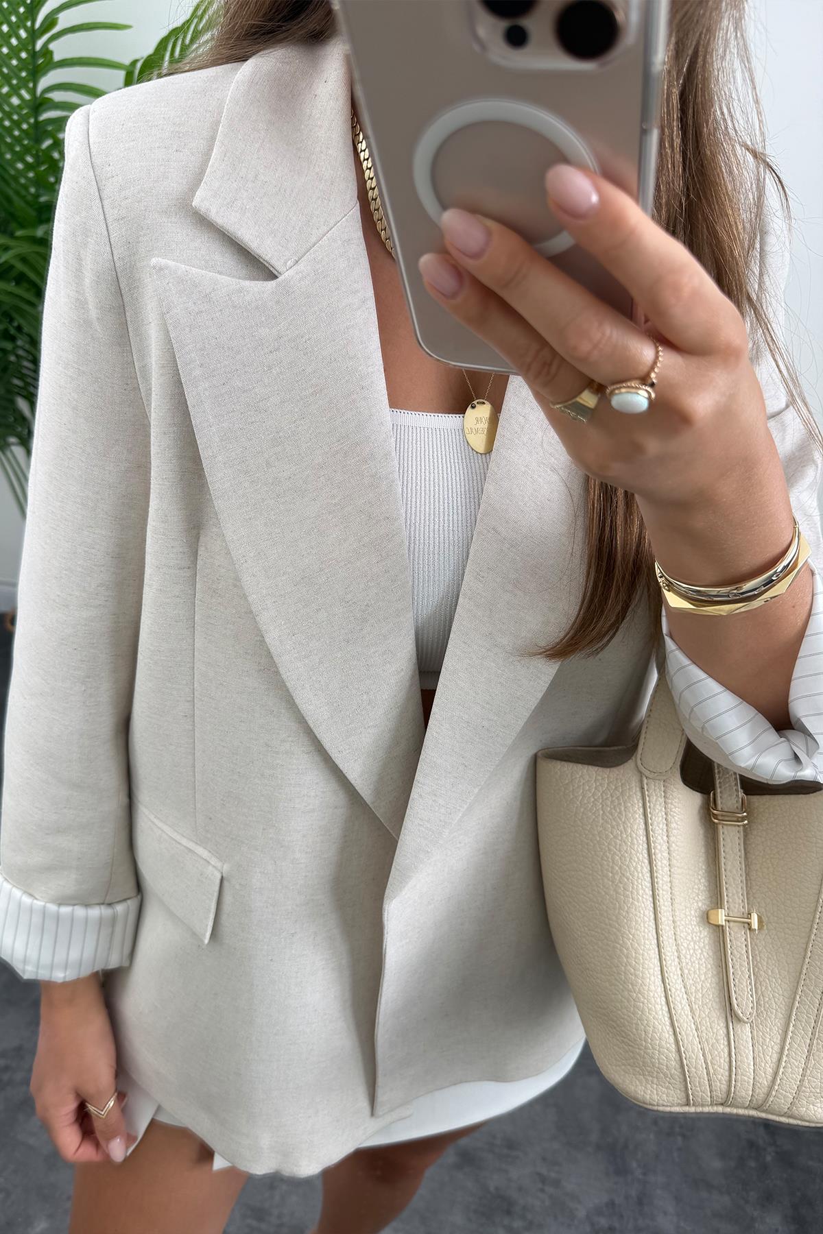 Premium Seri Çizgili Astar Organik Kumaş Keten Blazer Ceket Naturel Taş