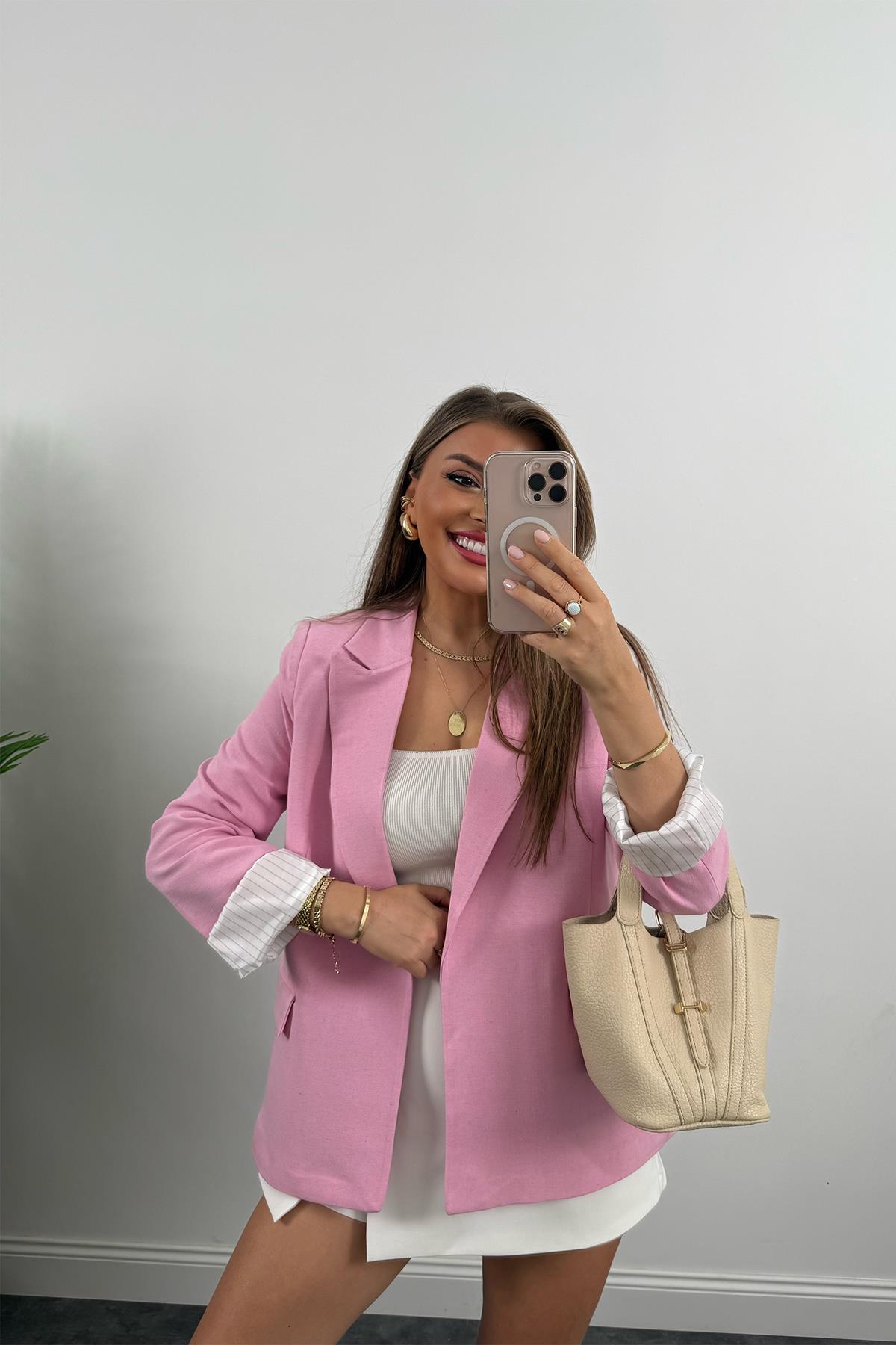 Premium Seri Çizgili Astar Organik Kumaş Keten Blazer Ceket Pembe