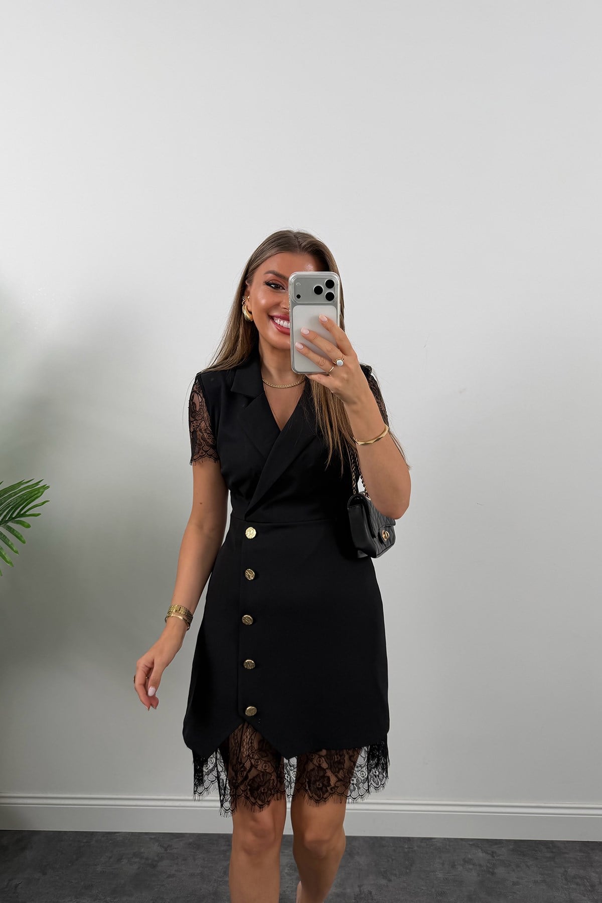 Premium Seri Dantel Detaylı Double Kumaş Kruvaze Elbise