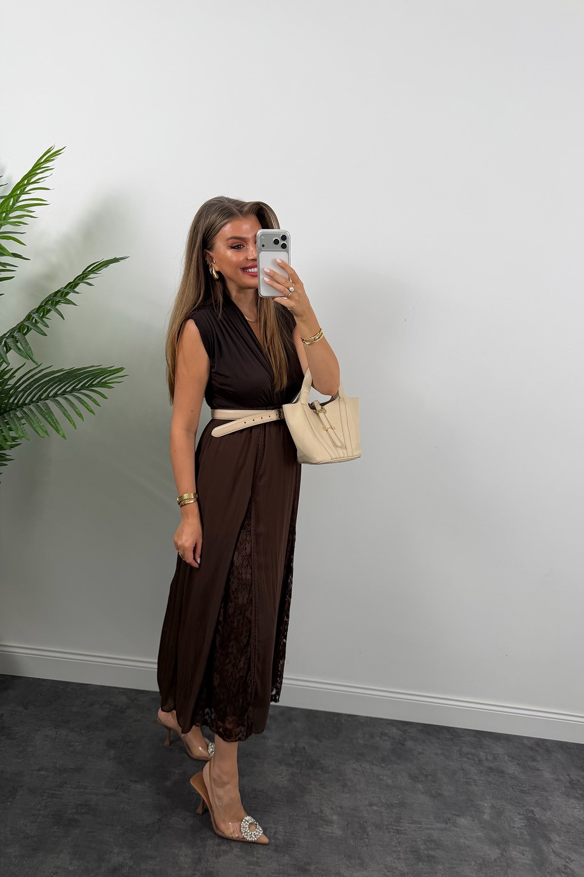 Premium Seri Dantel Parçalı Tasarım Şifon Etek Acı Kahve