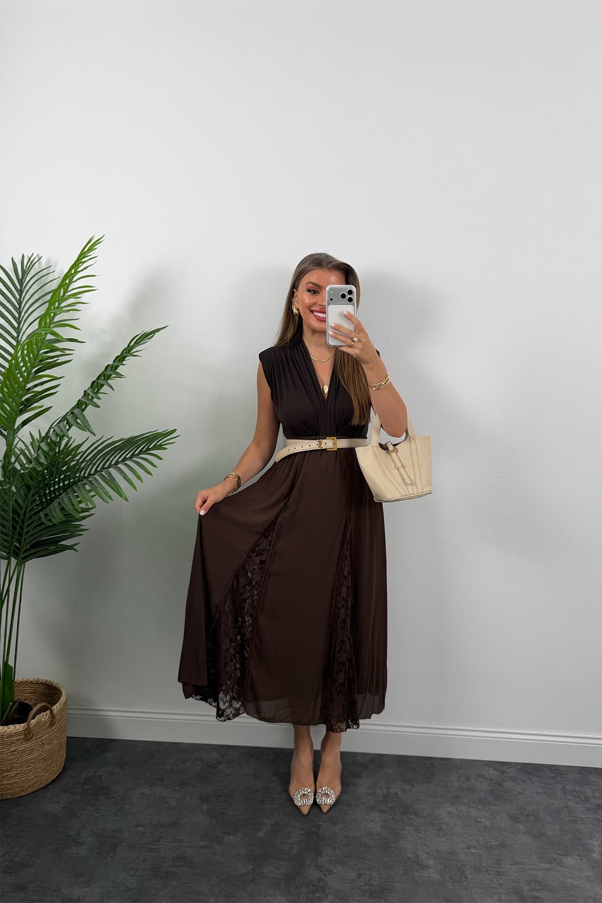 Premium Seri Dantel Parçalı Tasarım Şifon Etek Acı Kahve
