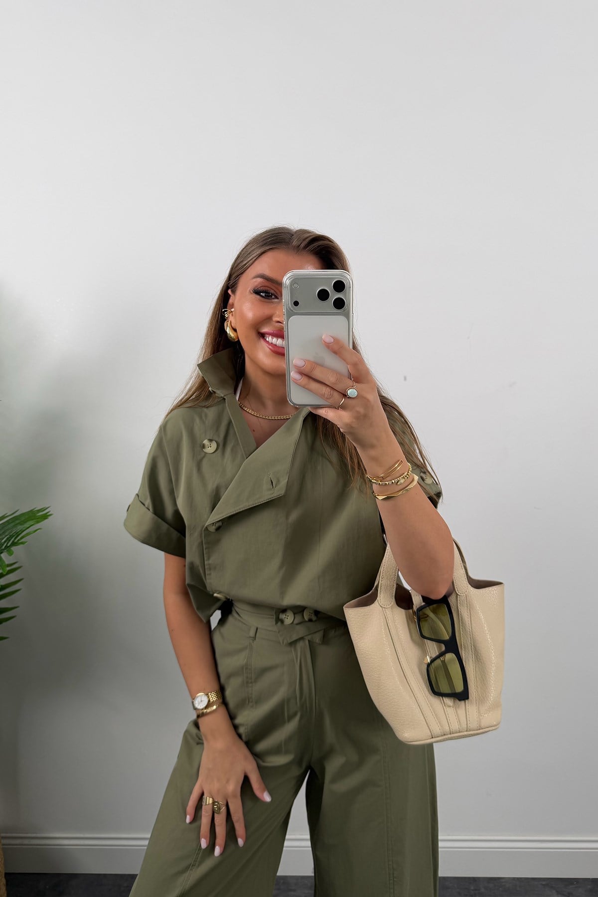 Premium Seri Dik Yaka Yelek Pantolon Harem Takım Haki