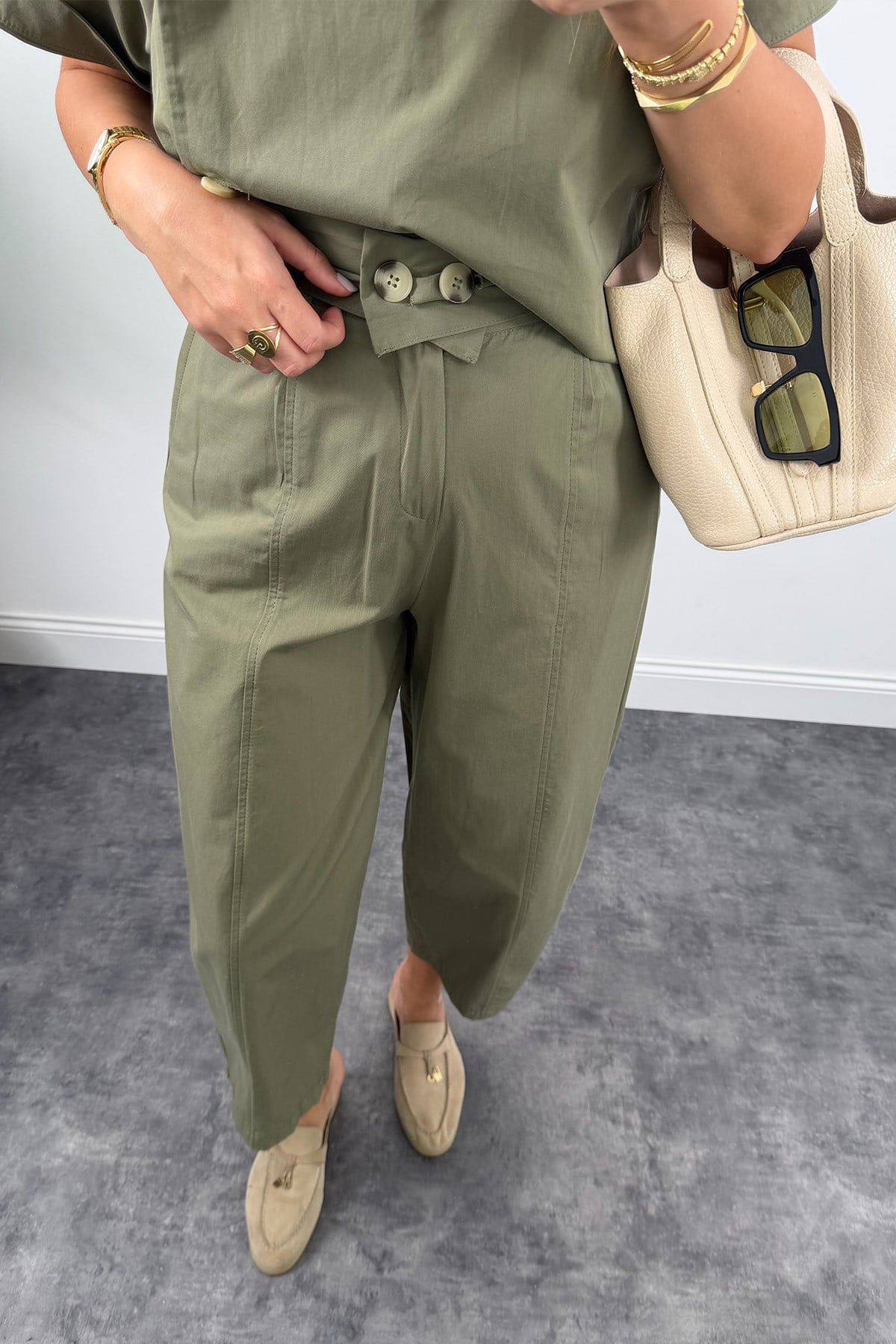 Premium Seri Dik Yaka Yelek Pantolon Harem Takım Haki