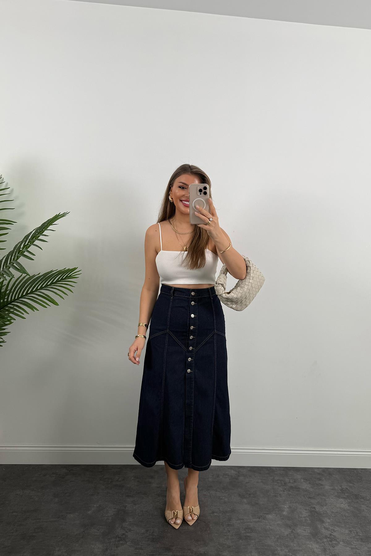 Premium Seri Dikiş Detaylı Midi Boy Jean Etek
