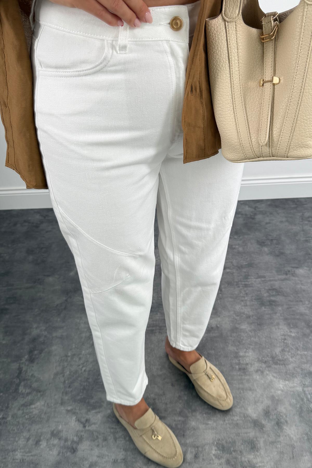Premium Seri Dizleri Dikiş Detaylı Mom Jean Beyaz