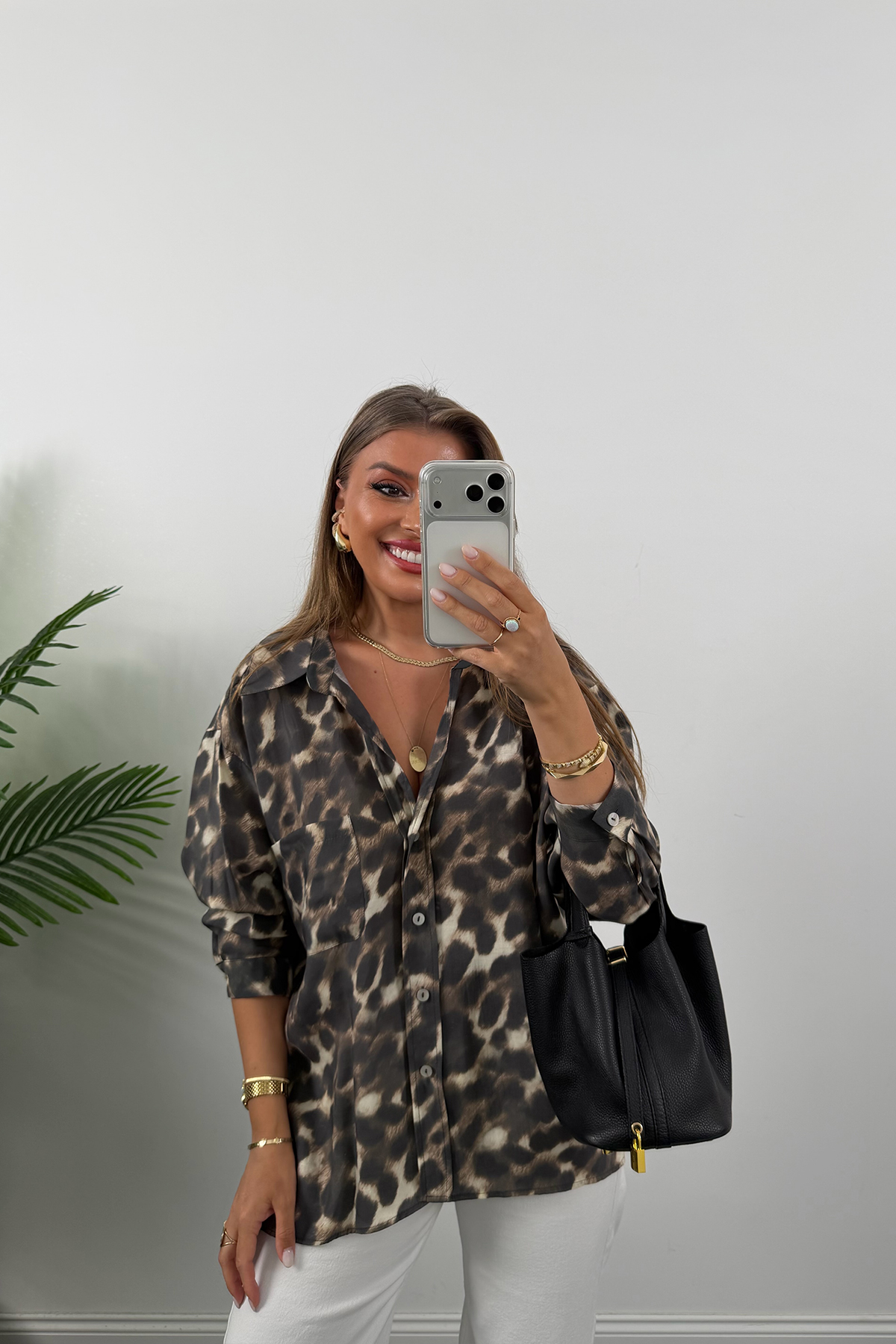 Premium Seri Dökümlü Kumaş Tensel Leopar Gömlek