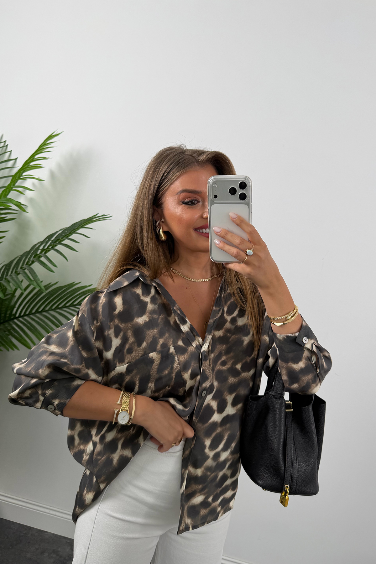 Premium Seri Dökümlü Kumaş Tensel Leopar Gömlek