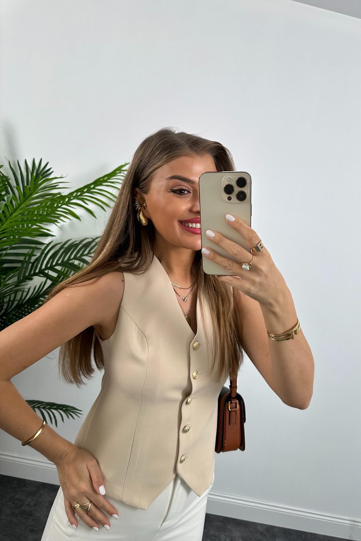 Premium Seri Double Atlas Kumaş Gold Düğmeli Astarlı Yelek Taş 