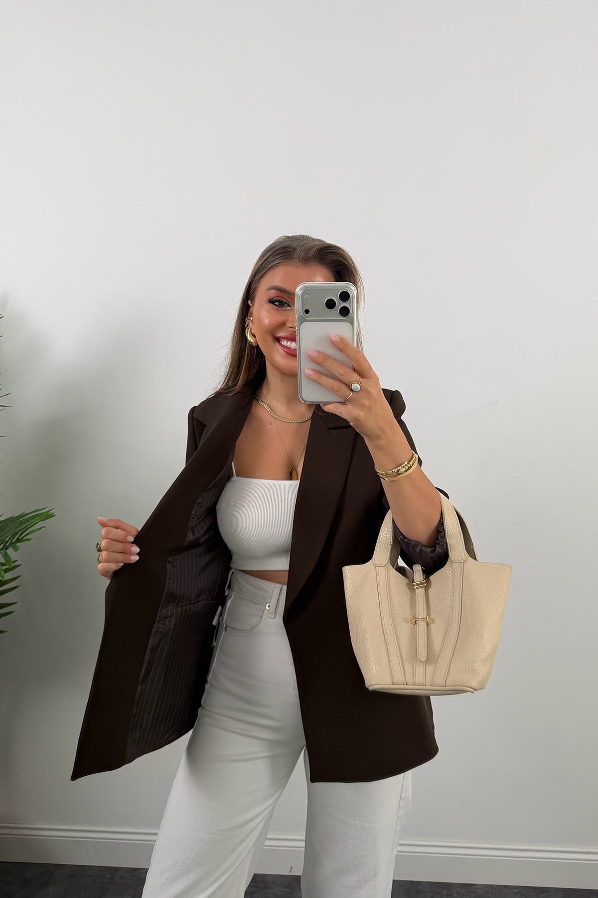 Premium Seri Double Kumaş Çizgili Tona Tona Astar Blazer Koyu Kahve